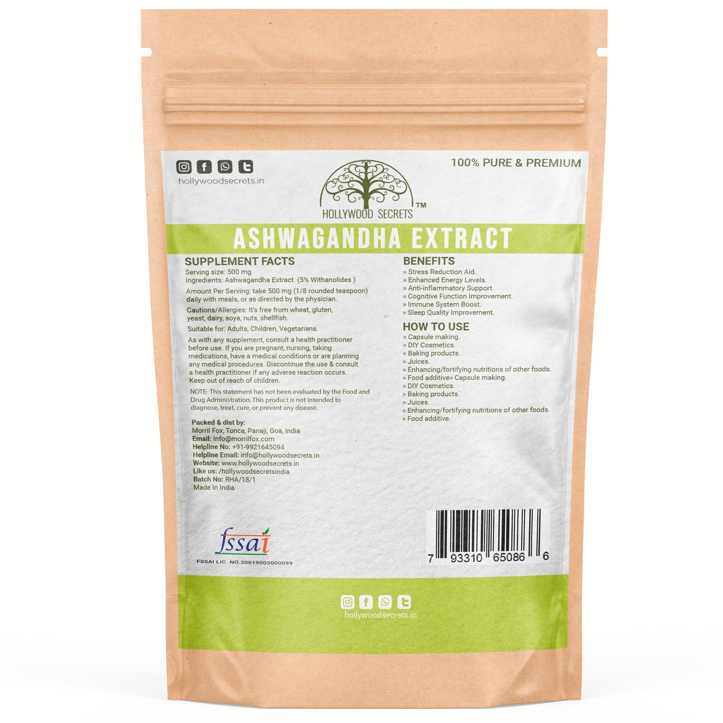 Pure Ashwagandha Extract Powder 50gm Withanolides 5% Hollywood Secrets