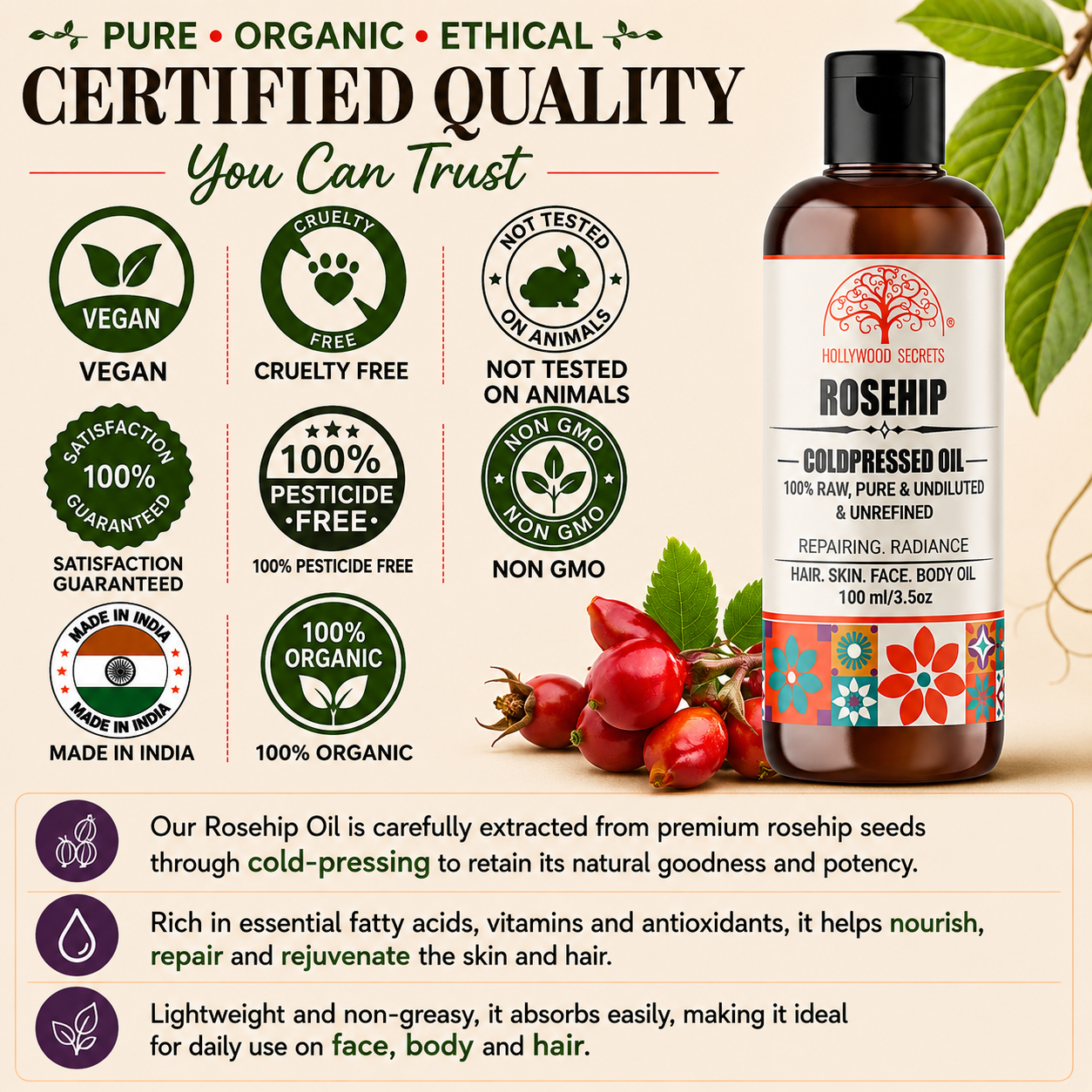 Rosehip Oil Pure Cold Pressed Hollywood Secrets