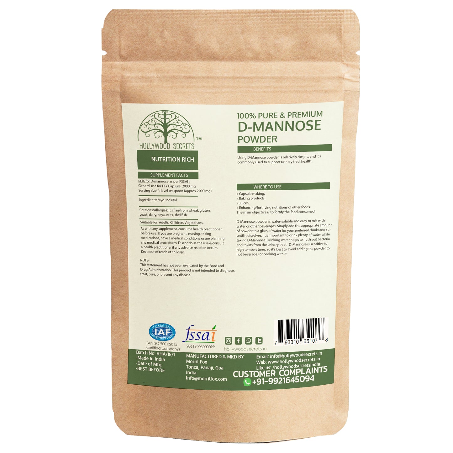 D-Mannose Pure Powder 100 gm Hollywood Secrets