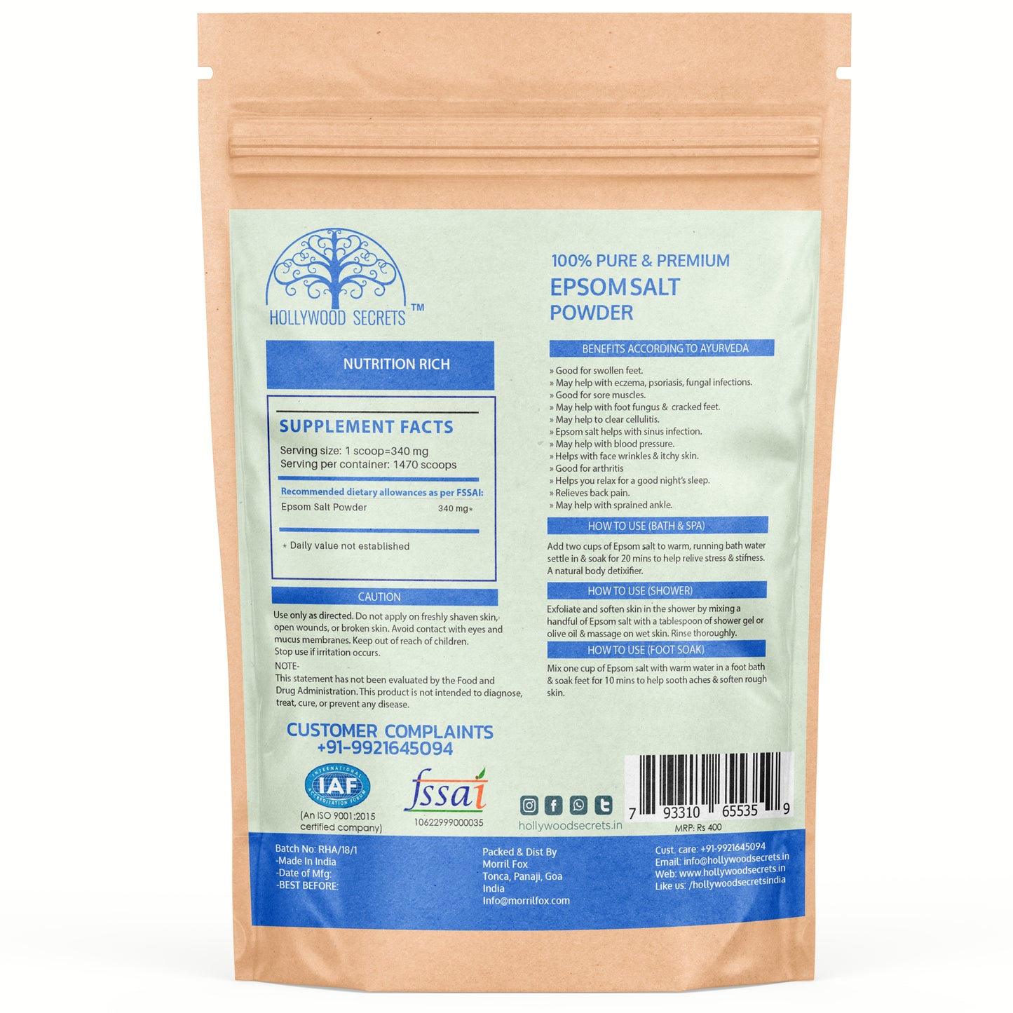 Pure Epsom Salt Magnesium Sulfate Pharma Grade 500 gm Hollywood Secrets