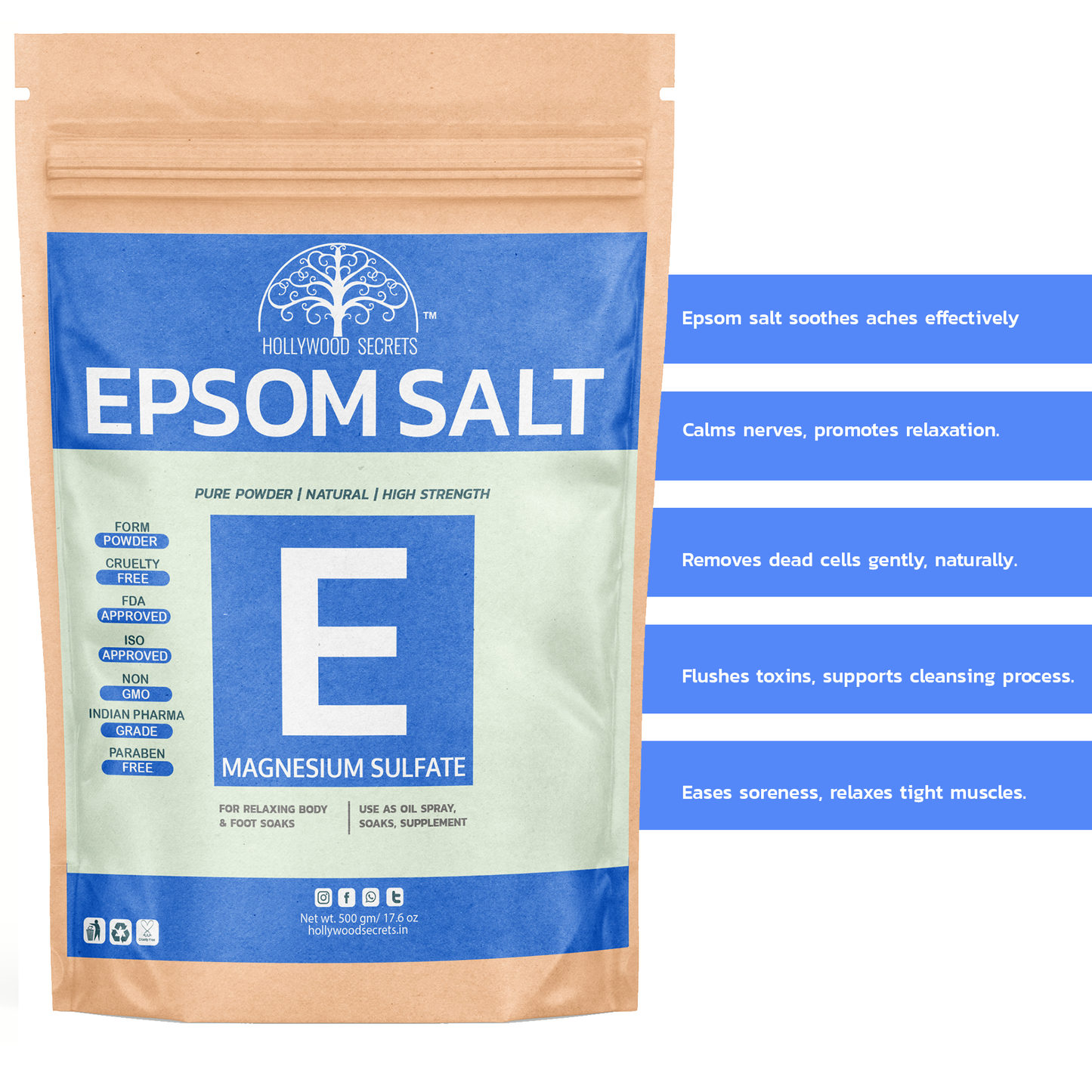 Pure Epsom Salt Magnesium Sulfate Pharma Grade 500 gm Hollywood Secrets