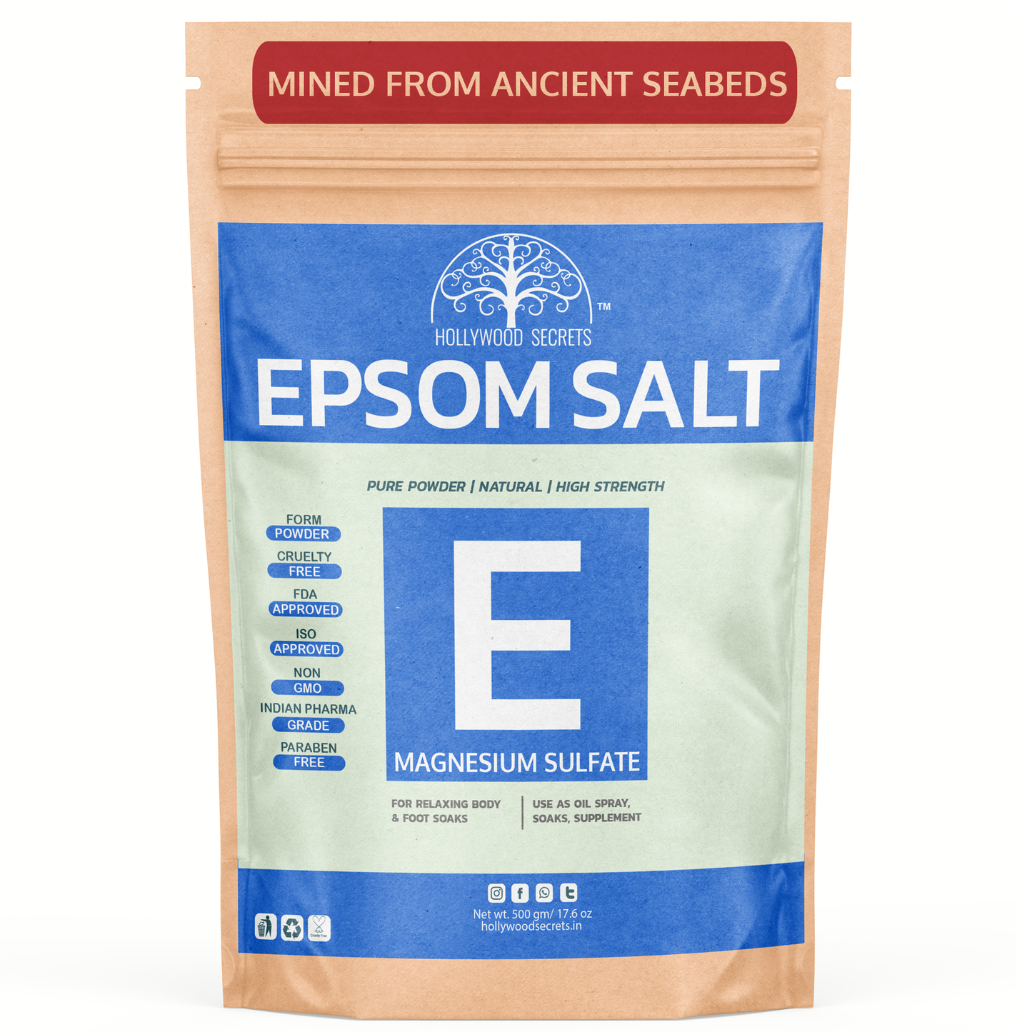 Pure Epsom Salt Magnesium Sulfate Pharma Grade 500 gm Hollywood Secrets
