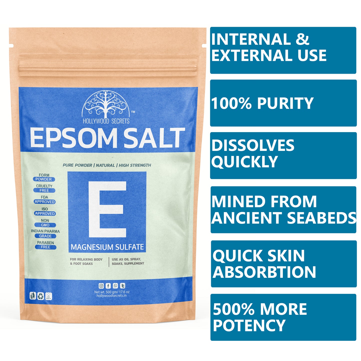 Pure Epsom Salt Magnesium Sulfate Pharma Grade 500 gm Hollywood Secrets