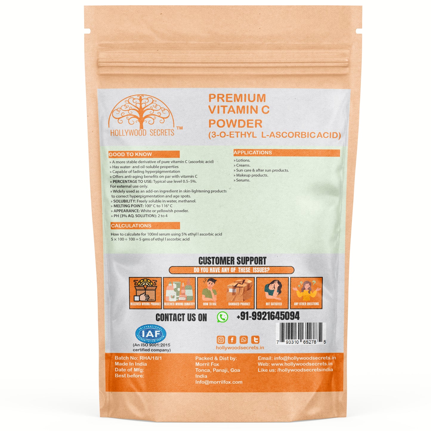 Vitamin C Ethyl L-Ascorbic Acid Powder 50 gm Hollywood Secrets