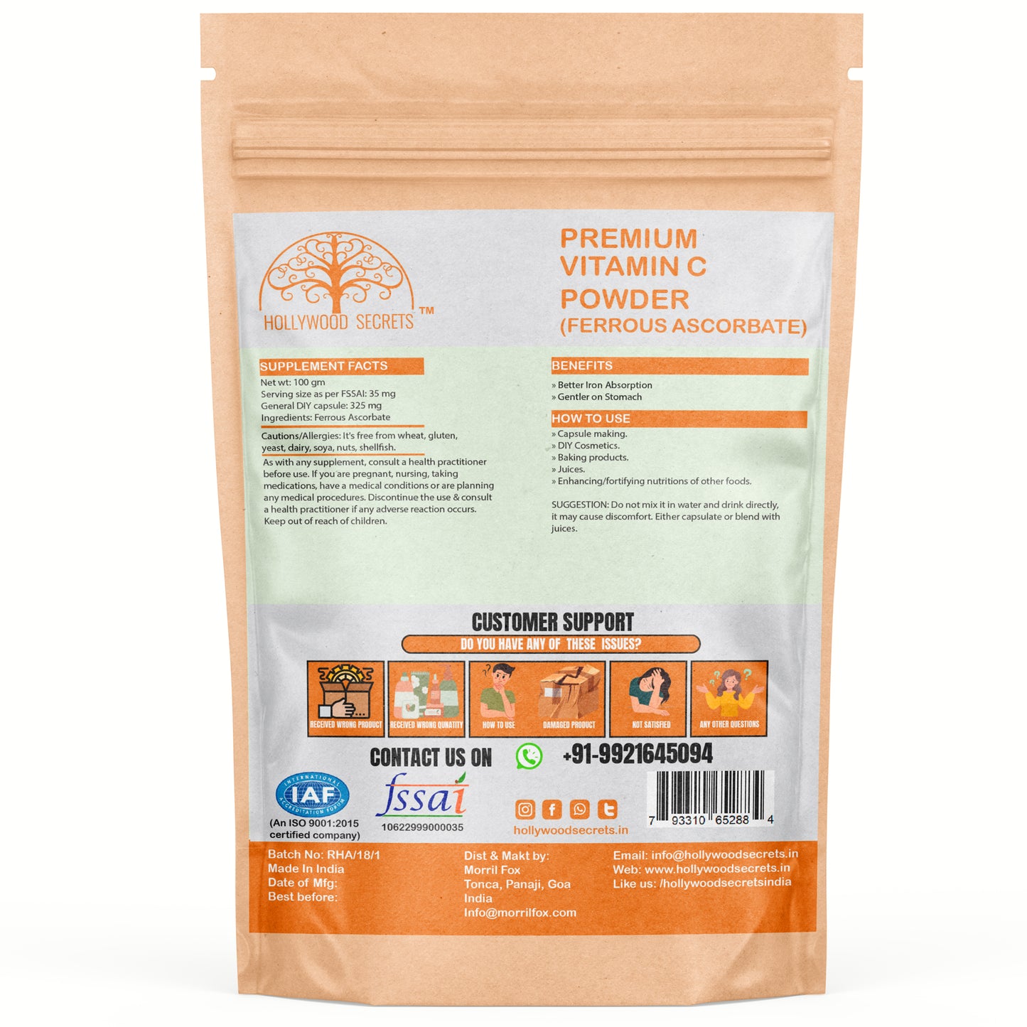 Vitamin C Ferrous Ascorbate Powder 100gm Hollywood Secrets