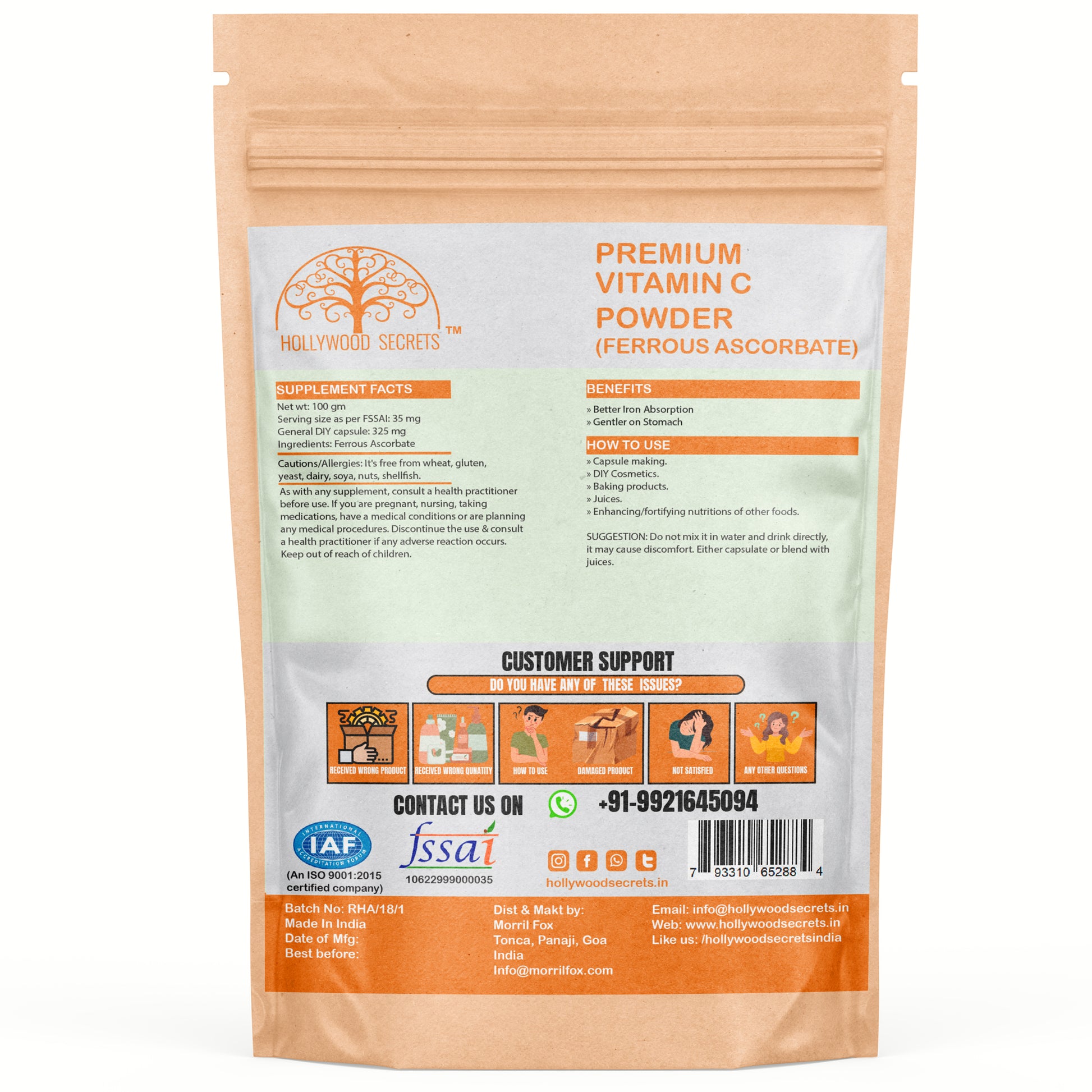 Vitamin C Ferrous Ascorbate Powder 100gm Hollywood Secrets