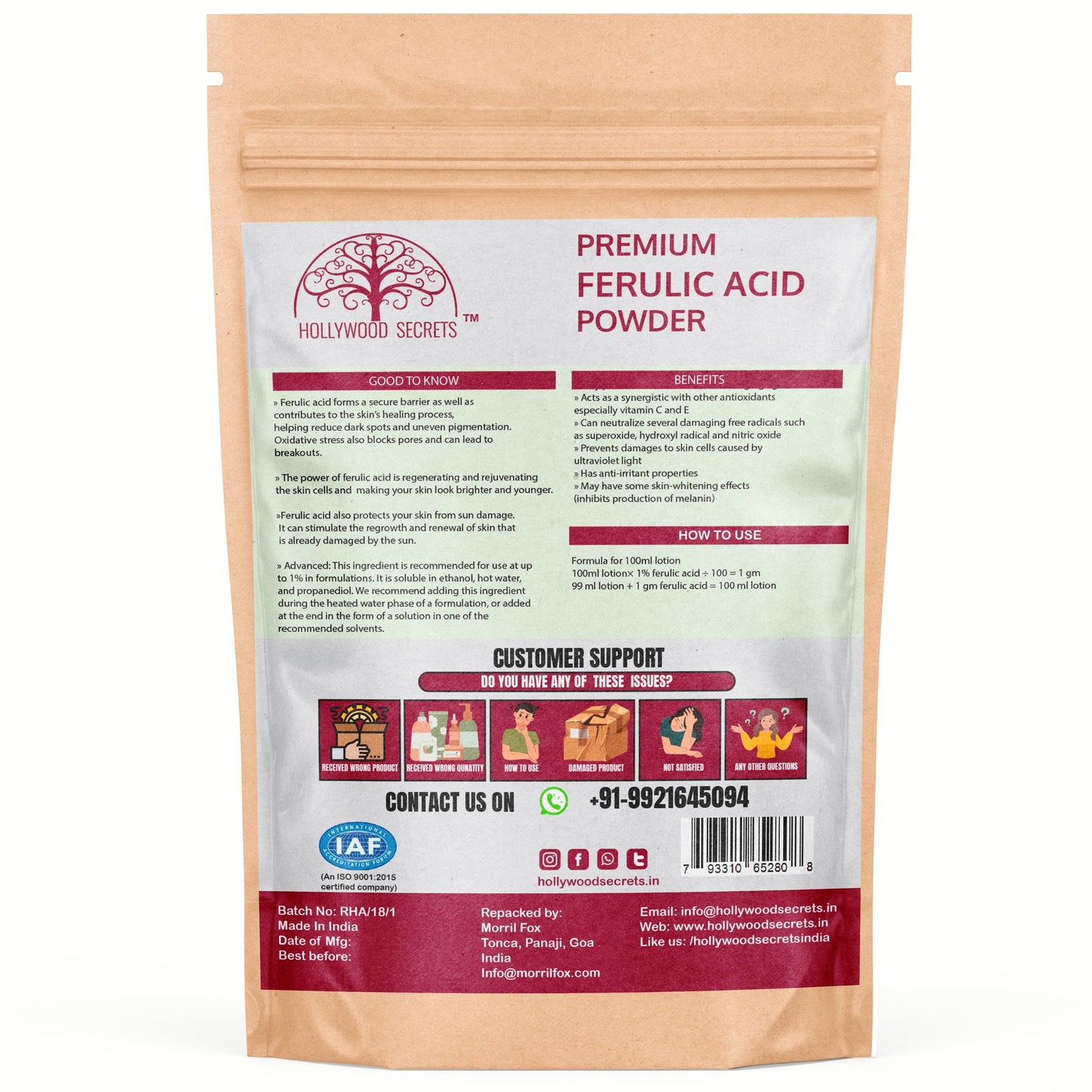 Ferulic Acid Powder 50 gm Hollywood Secrets