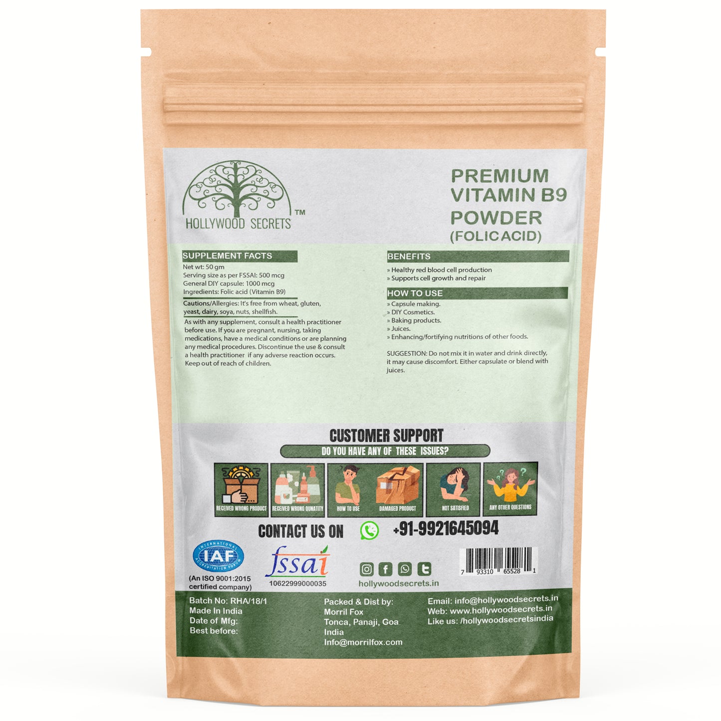 Vitamin B9 Folic Acid Powder 50gms Hollywood Secrets