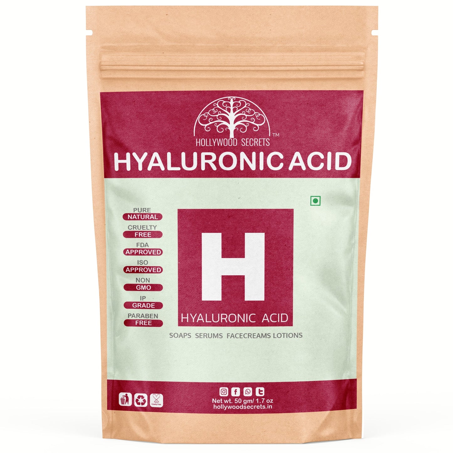 Pure Hyaluronic Acid Powder 50gm Hollywood Secrets