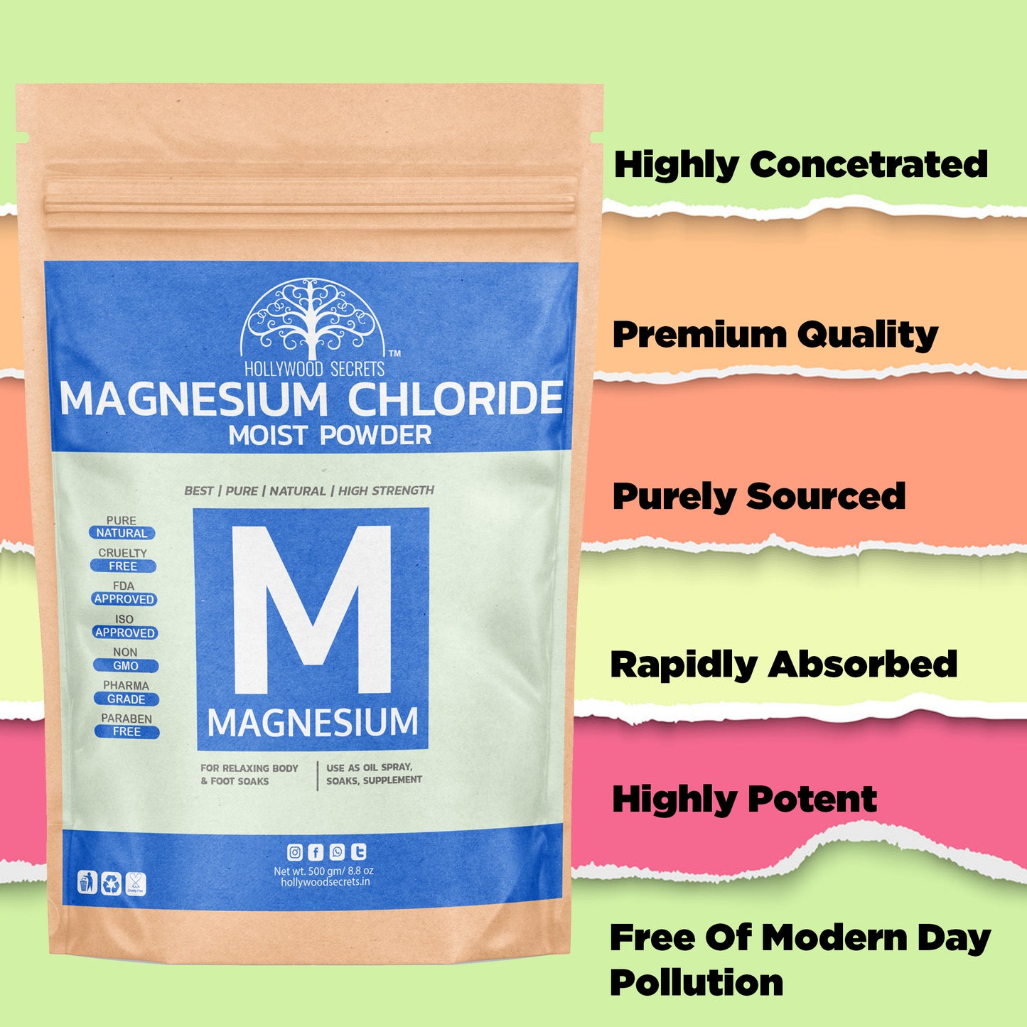 Pure Magnesium Chloride Moist Powder Food Grade(500 Gms) Hollywood Secrets