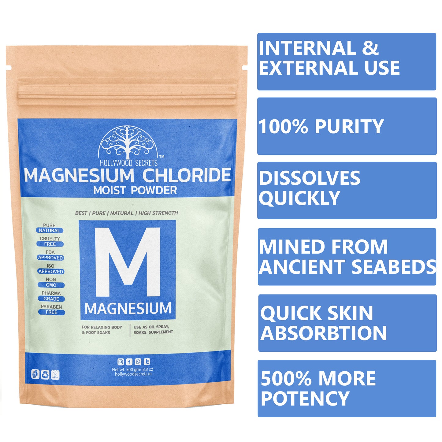 Pure Magnesium Chloride Moist Powder Food Grade(500 Gms) Hollywood Secrets