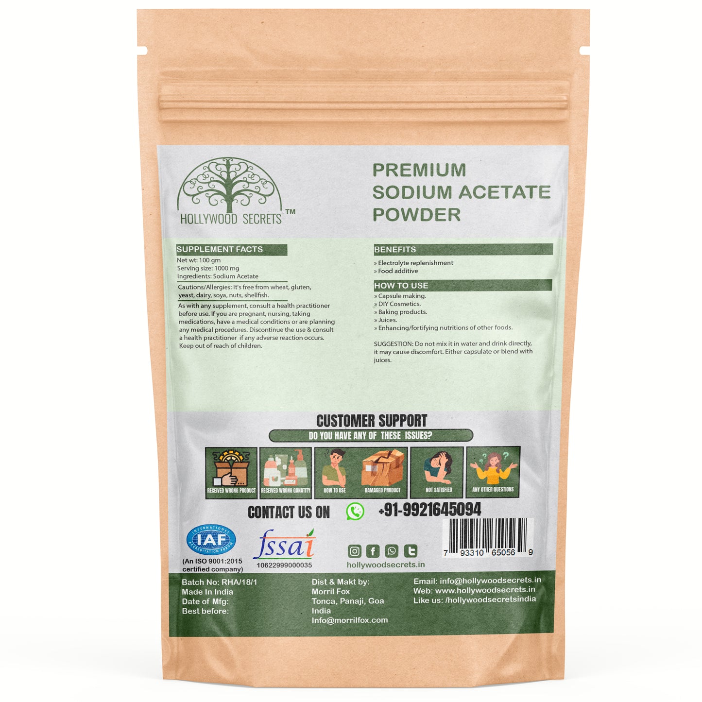 Sodium Acetate Powder 100 gm Hollywood Secrets