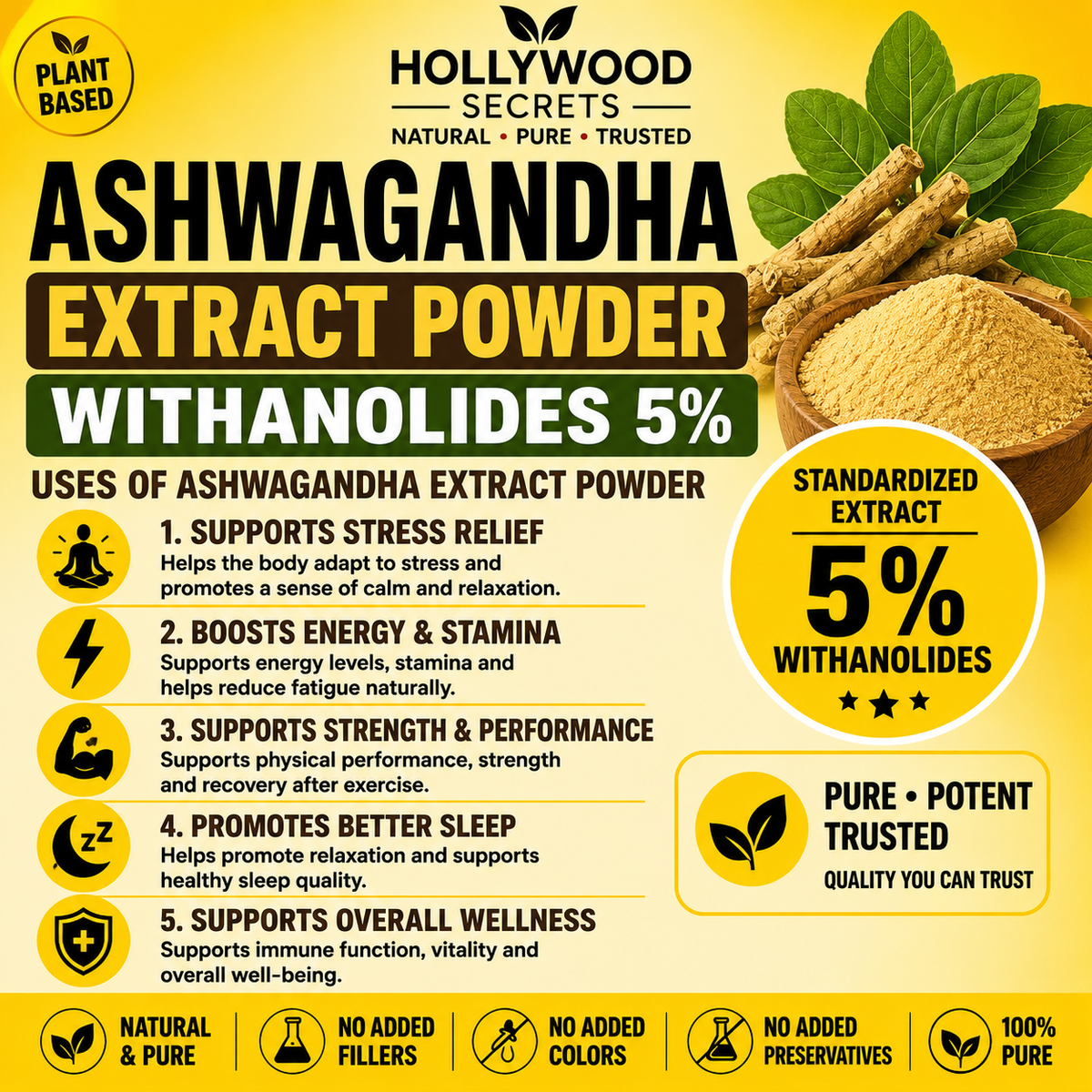 Pure Ashwagandha Extract Powder 50gm Withanolides 5% Hollywood Secrets