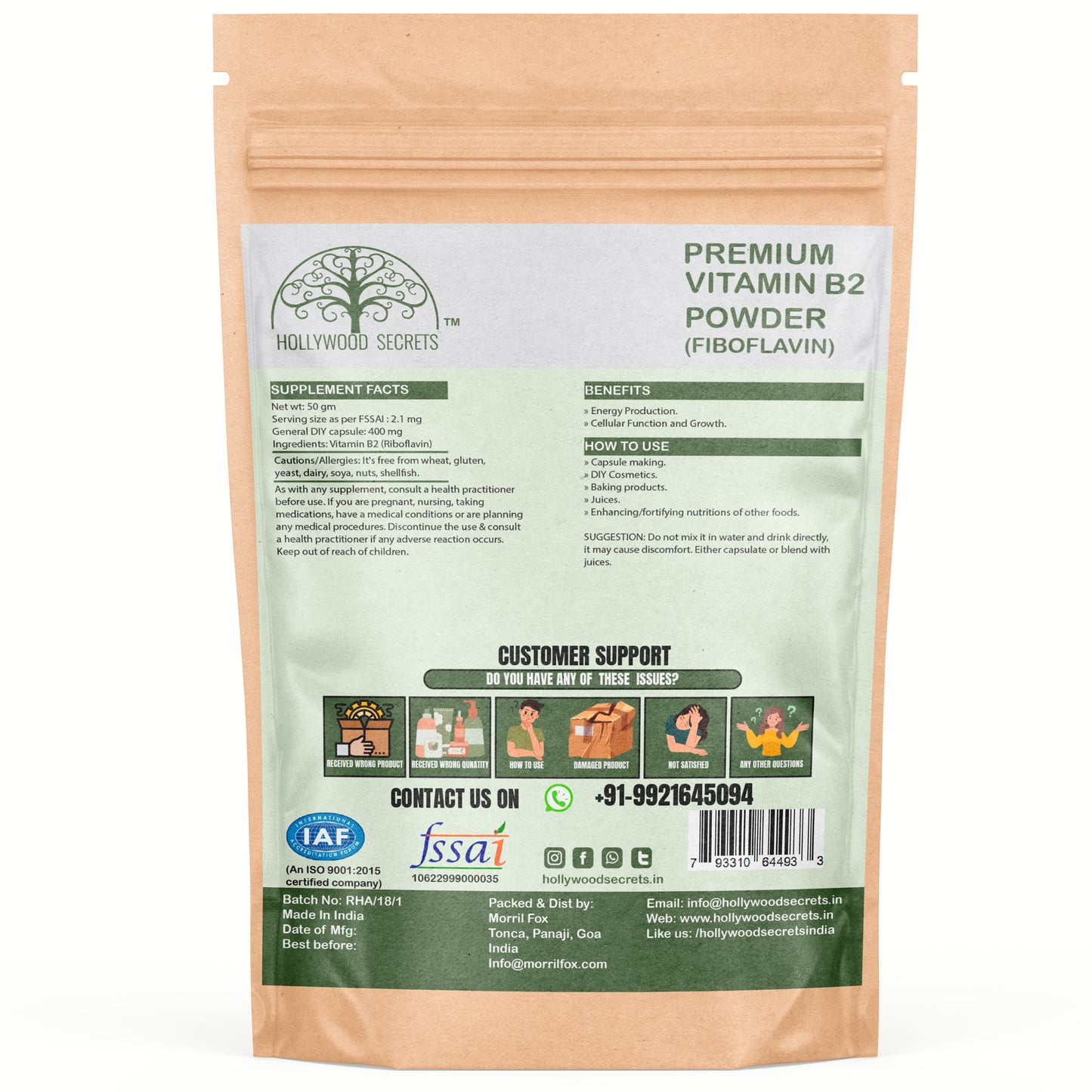 Pure Vitamin B2 Riboflavin Supplements 50gm Hollywood Secrets