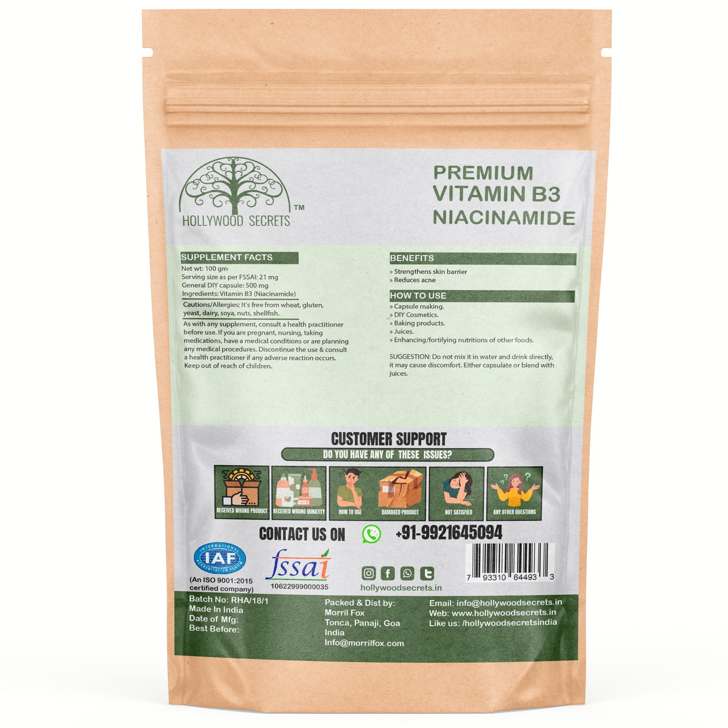 Pure Vitamin B3 Powder (Niacinamide) Supplements Acne Face (100 Gms) Hollywood Secrets