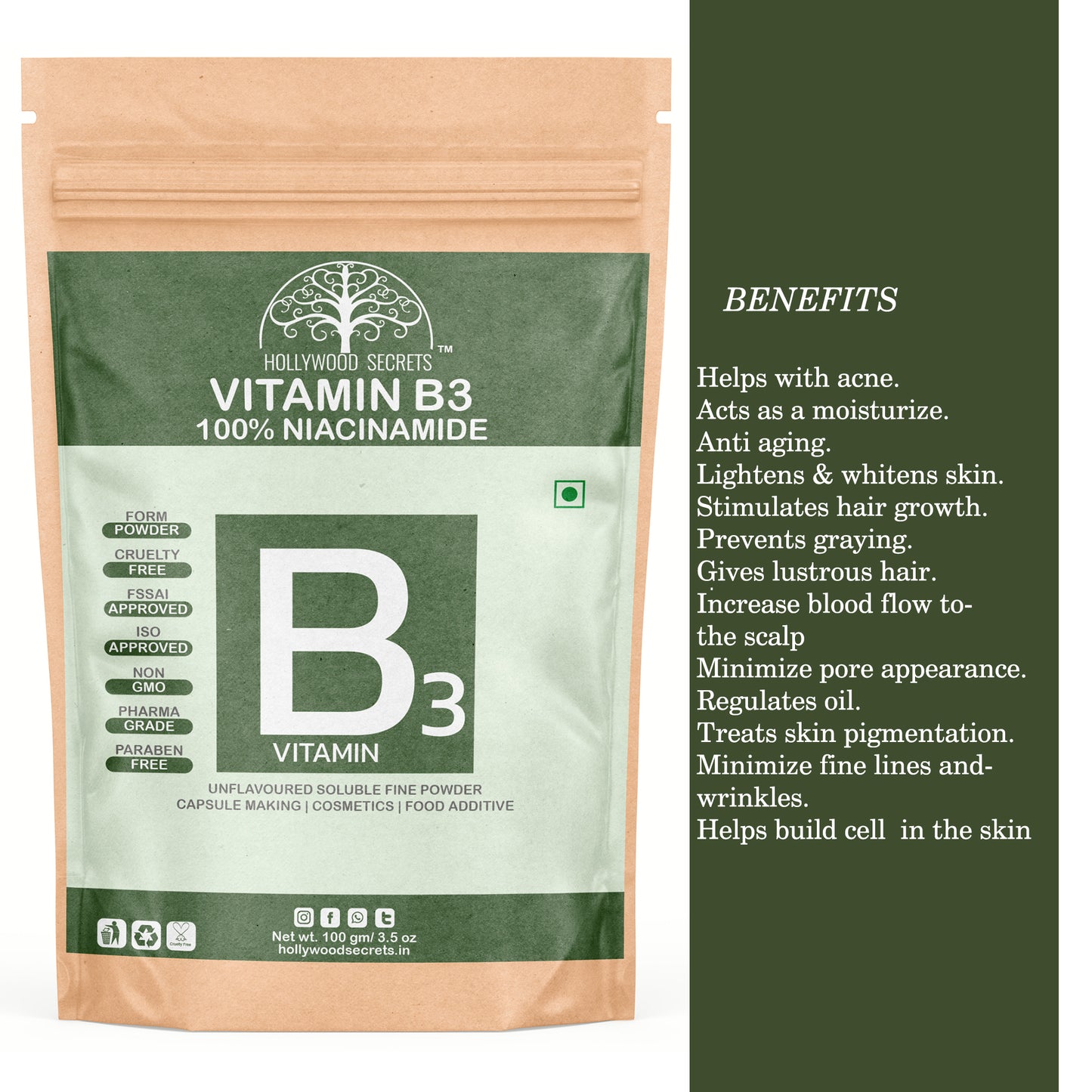 Pure Vitamin B3 Powder (Niacinamide) Supplements Acne Face (100 Gms) Hollywood Secrets