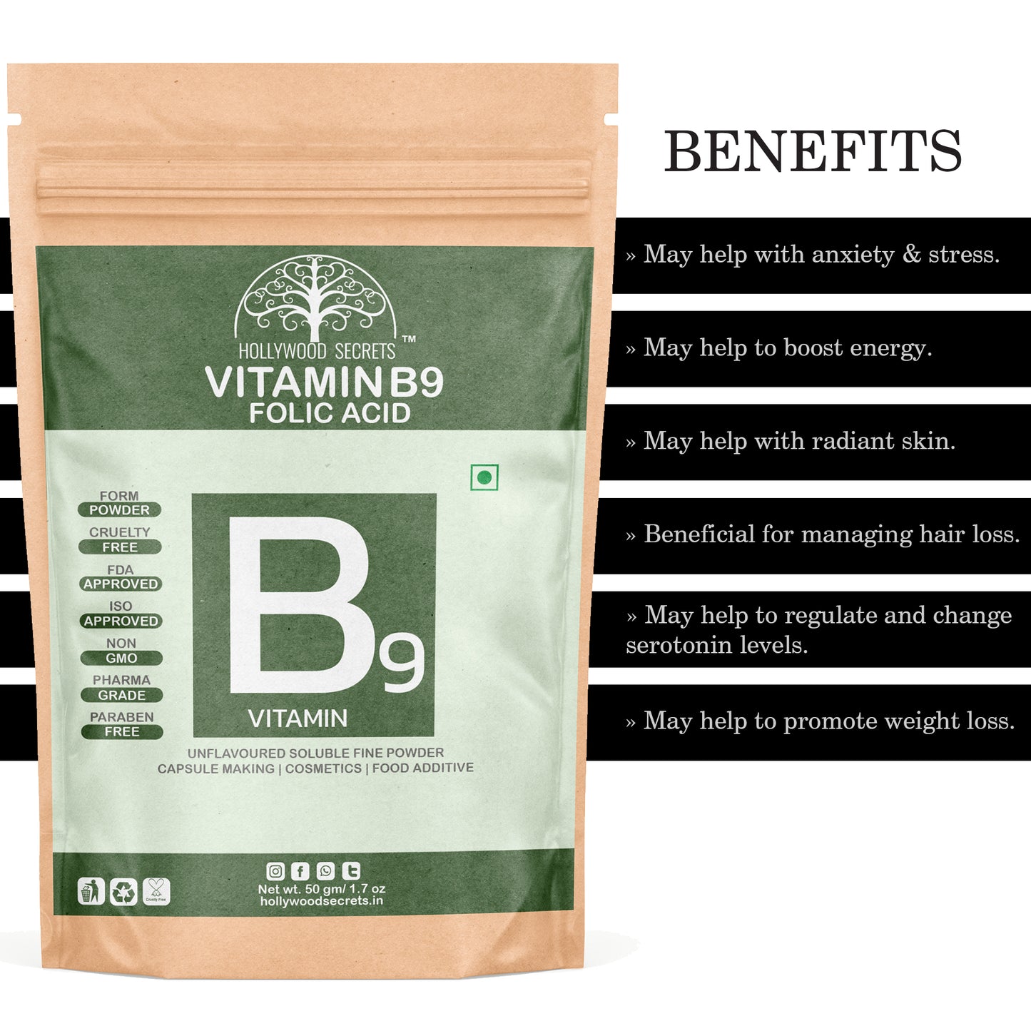 Vitamin B9 Folic Acid Powder 50gms Hollywood Secrets