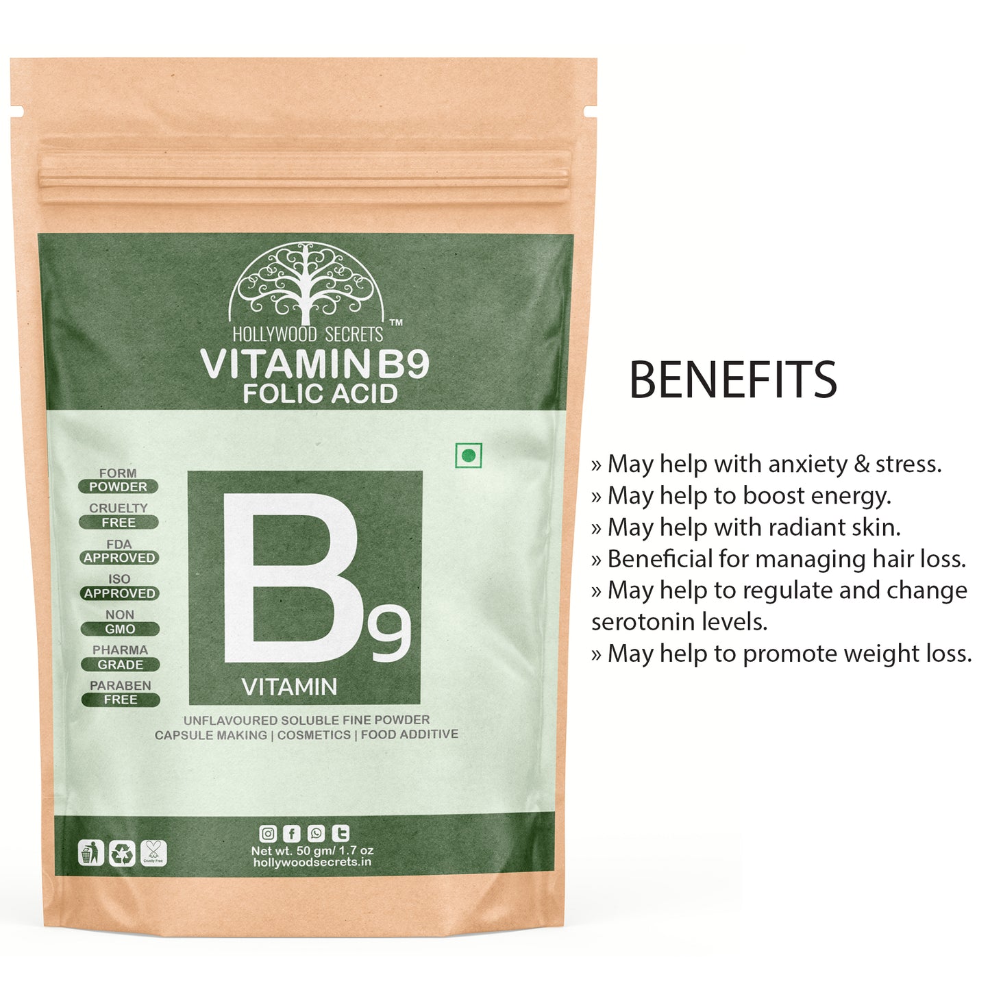 Vitamin B9 Folic Acid Powder 50gms Hollywood Secrets