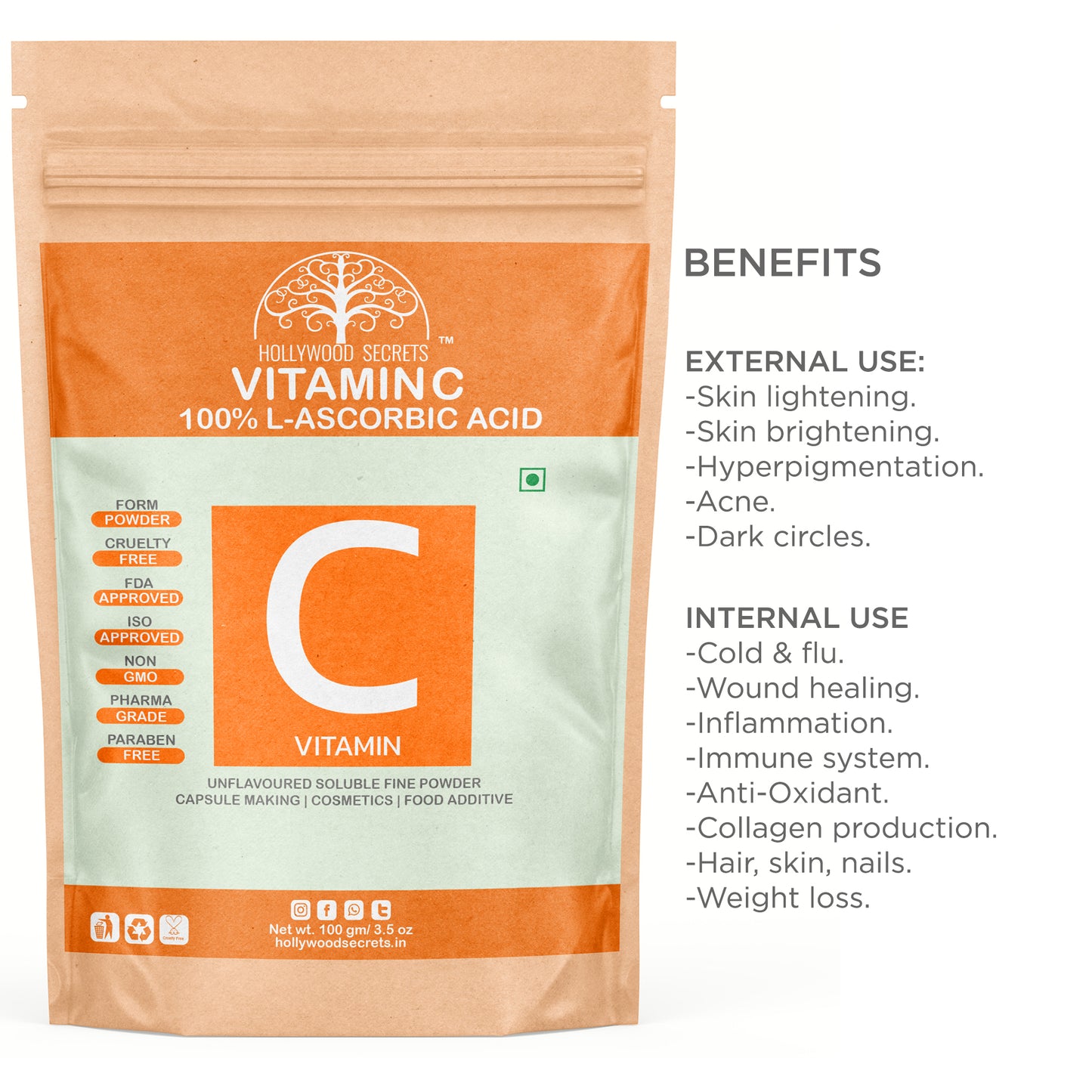 Vitamin C L-Ascorbic Powder 100gm Hollywood Secrets