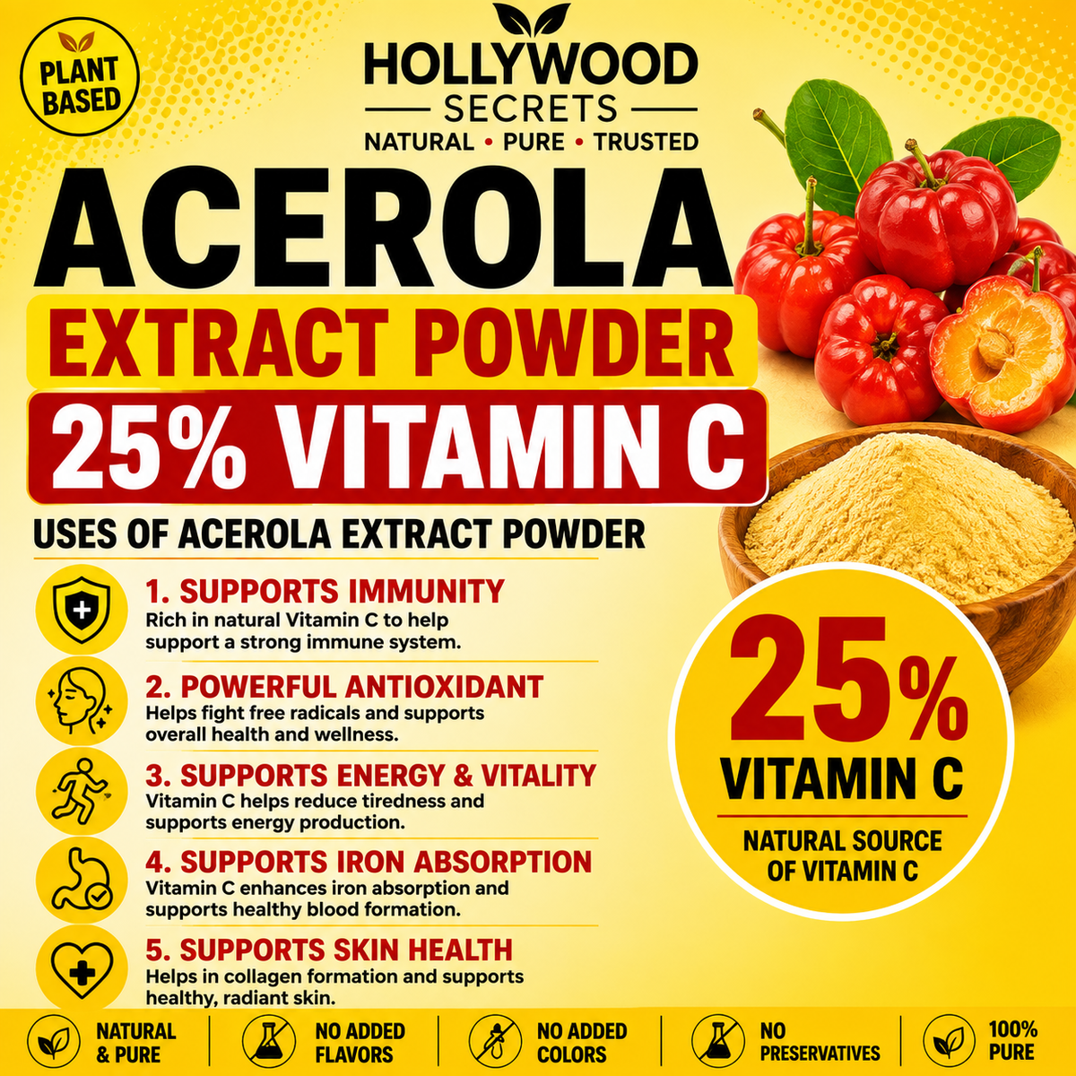 Pure Acerola Extract Powder Supplements 25% Vitamin C 50gm Hollywood Secrets