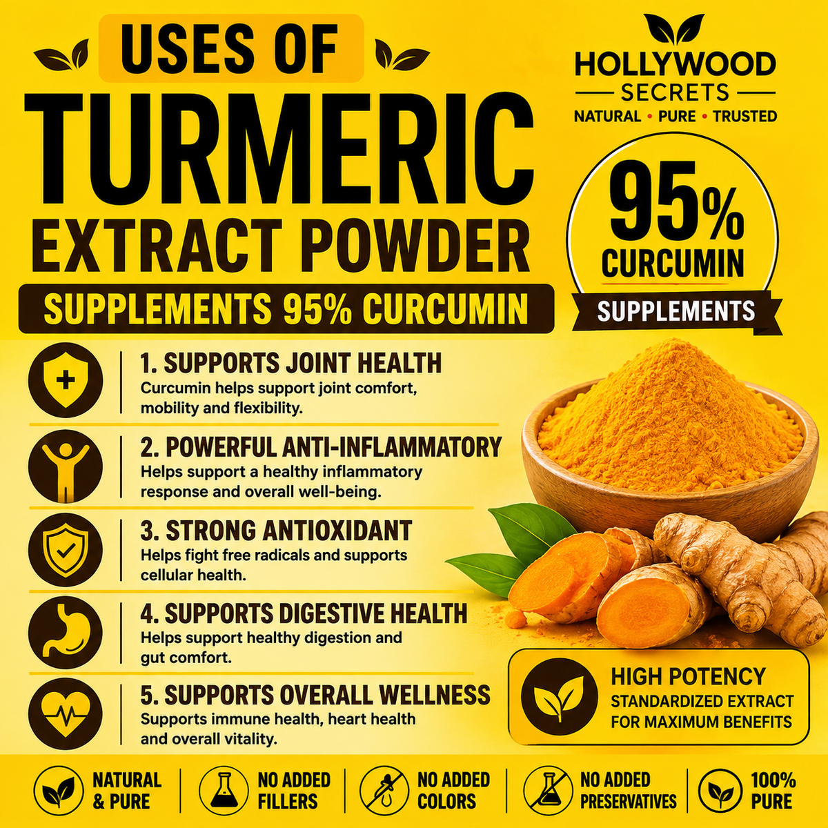 Pure Turmeric Extract Powder Supplements 95% Curcumin 50 gm Hollywood Secrets