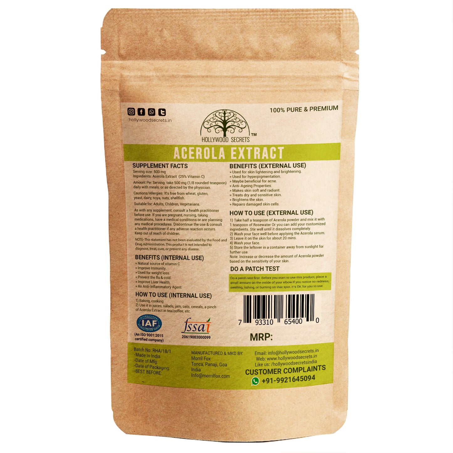 Pure Acerola Extract Powder Supplements 25% Vitamin C 50gm Hollywood Secrets