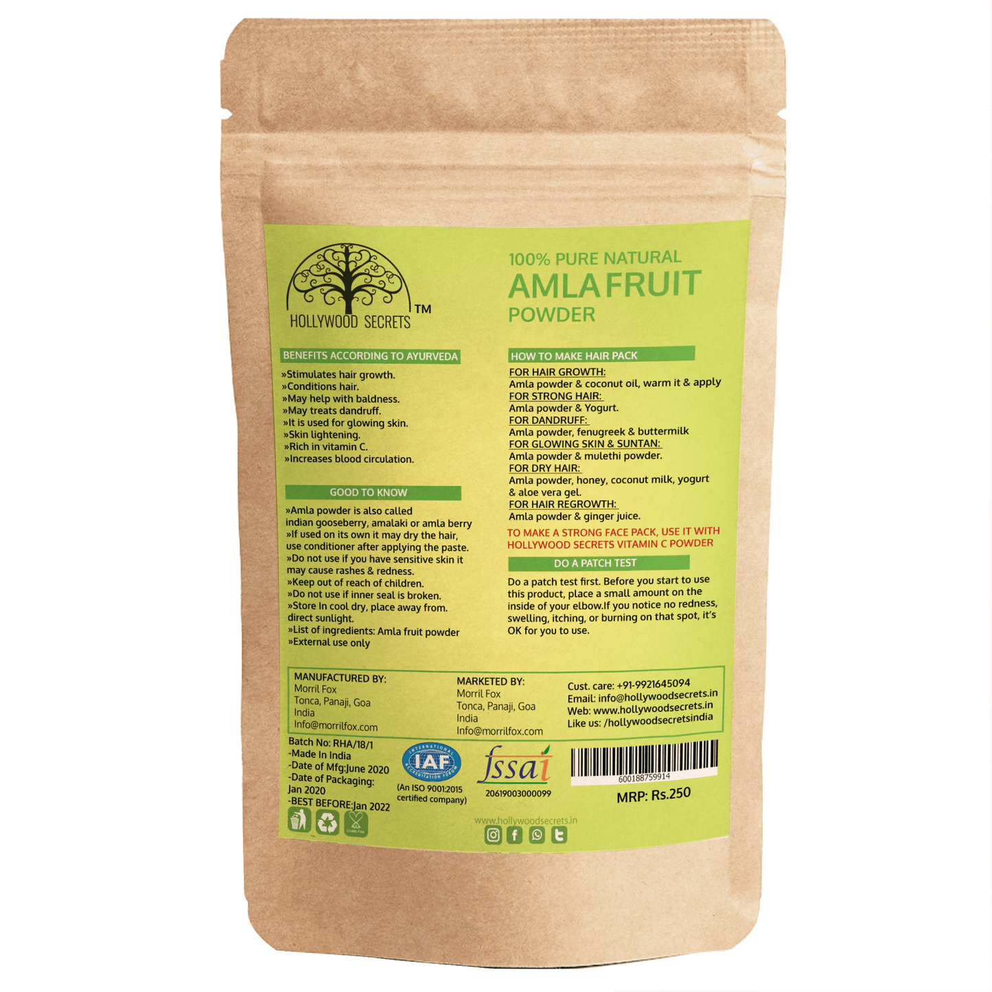 Organic Amla Powder India Gooseberry (100 Gms) Hollywood Secrets