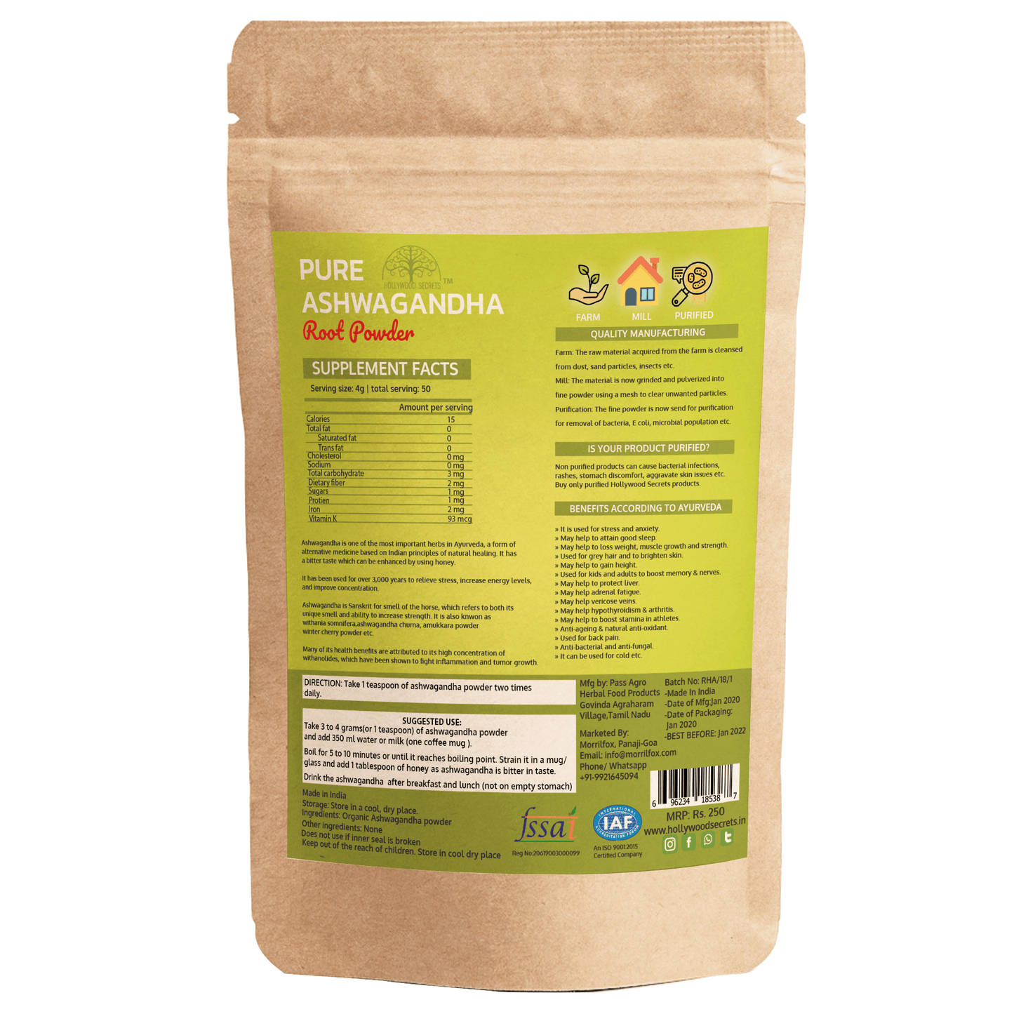 Pure Herb Ashwagandha Powder (200 Gms) Hollywood Secrets