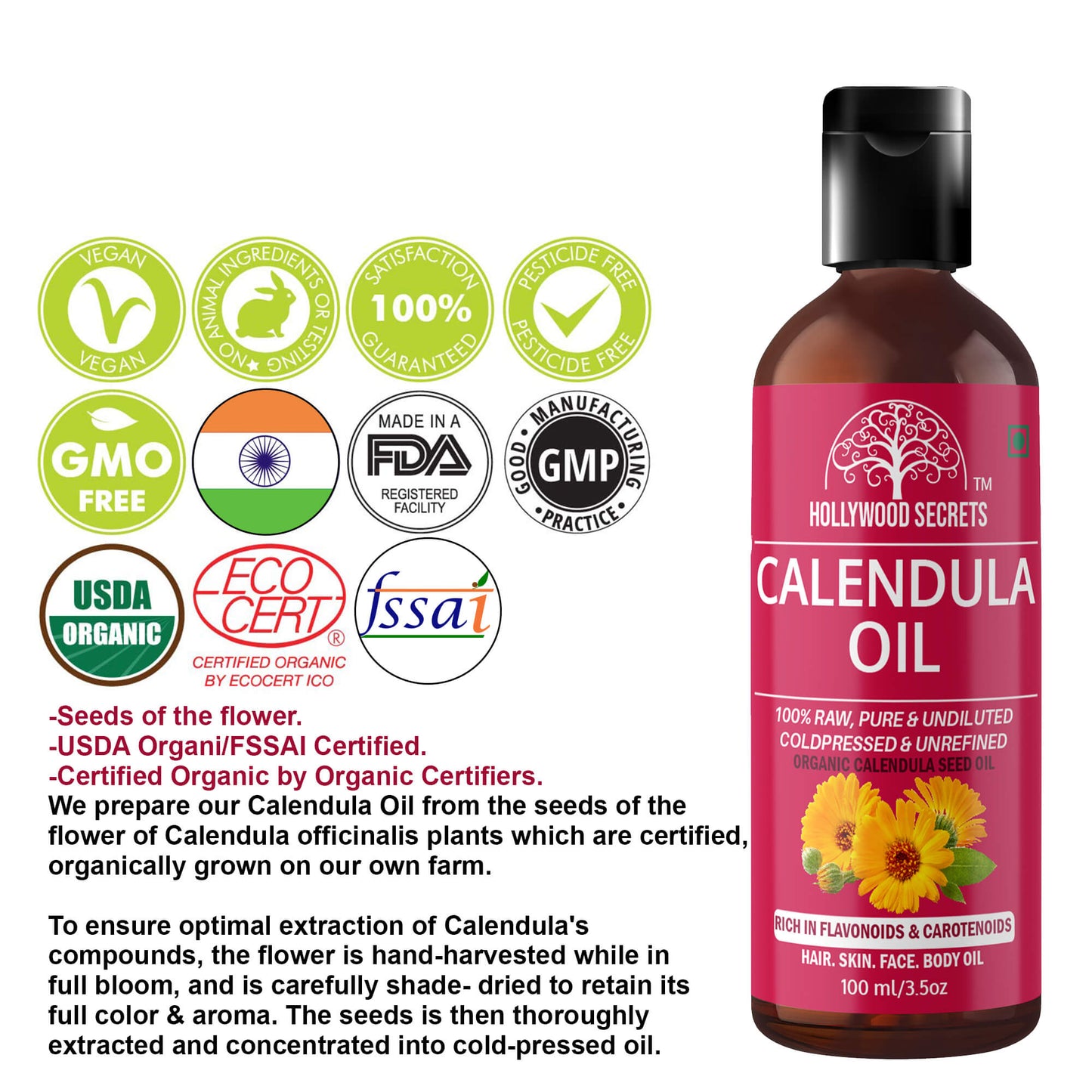 Calendula Oil Pure Cold Pressed 100ml Hollywood Secrets