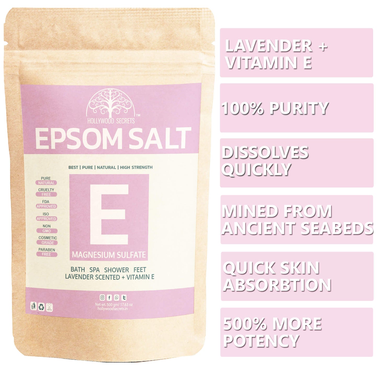 Pure Epsom Lavender Salt Bath (500Gms) Hollywood Secrets