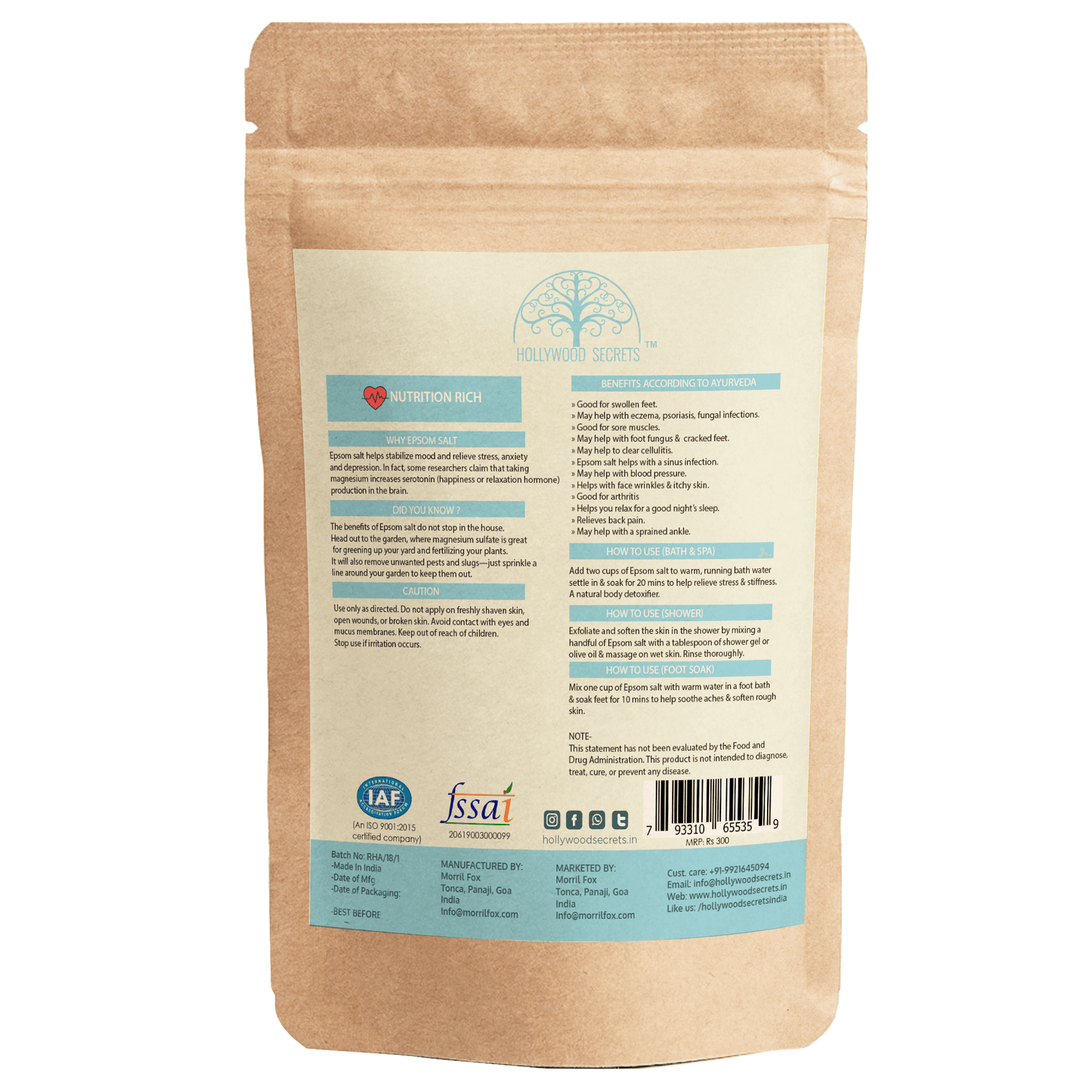 Pure Epsom Salt Magnesium Sulfate 1kg Hollywood Secrets