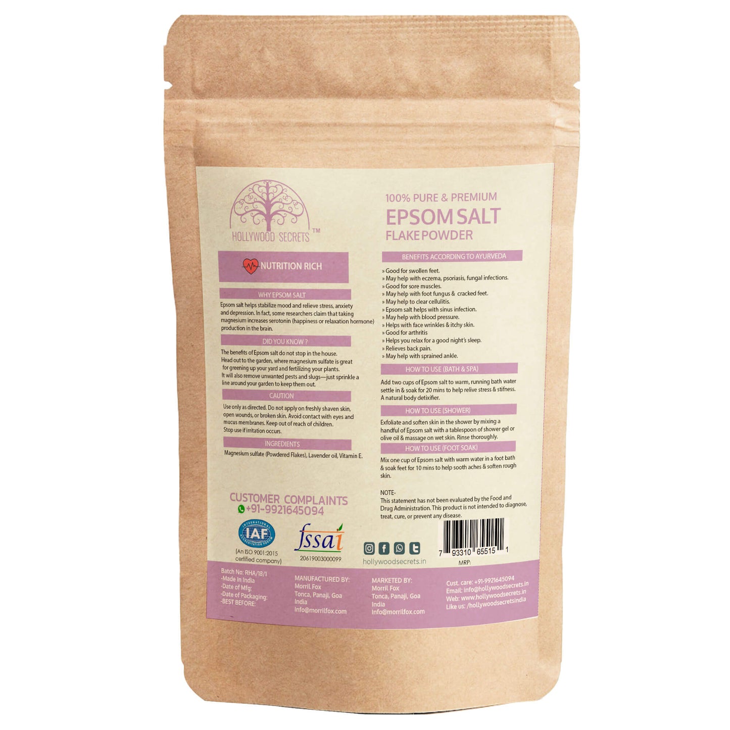 Pure Epsom Lavender Salt Bath (500Gms) Hollywood Secrets