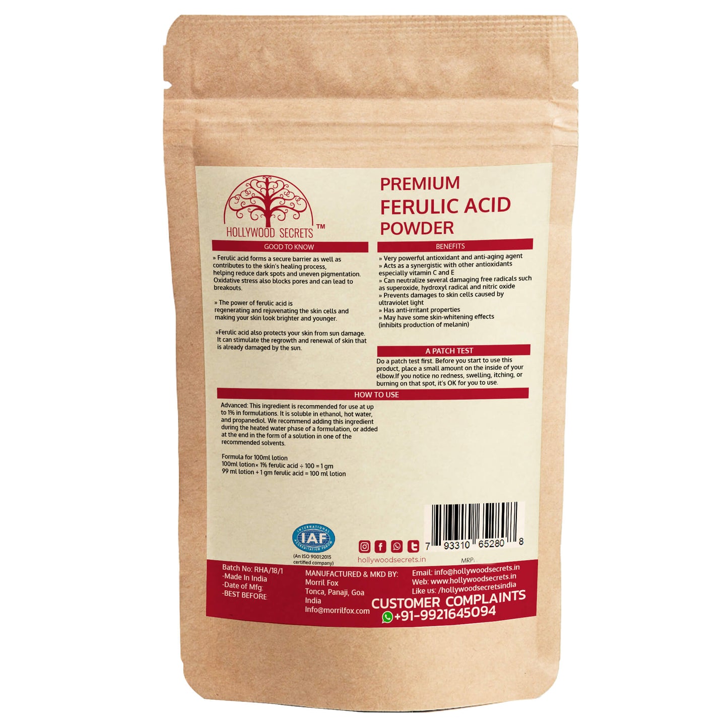 Ferulic Acid Powder 50 gm Hollywood Secrets