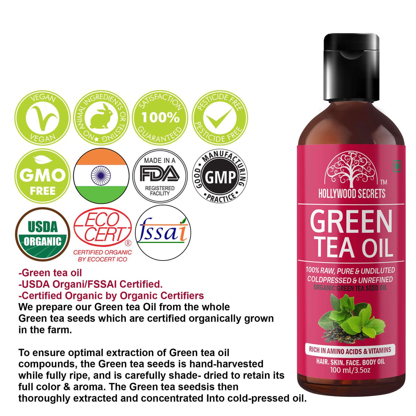 Green Tea Oil Pure Cold Pressed 100ml Hollywood Secrets