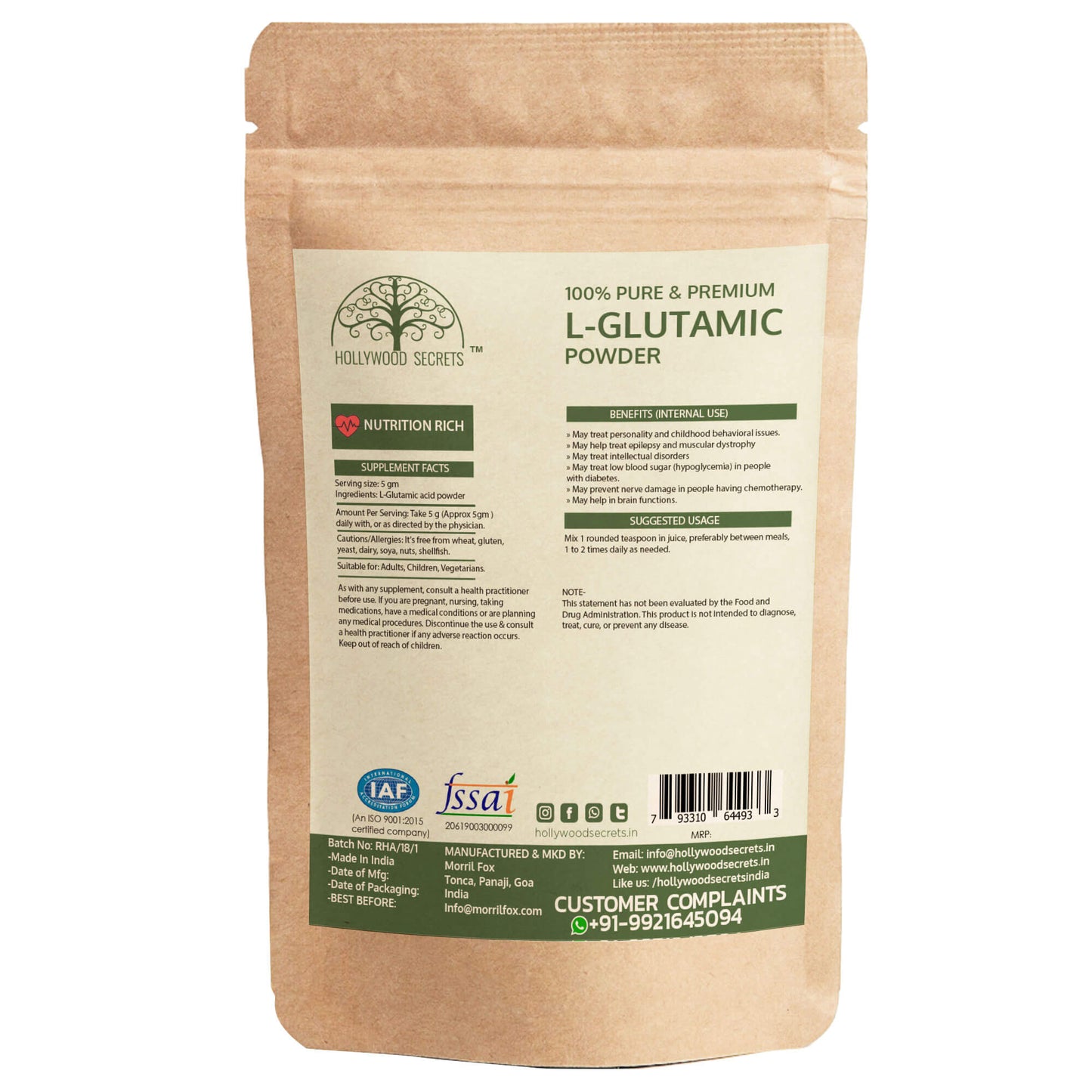 Pure L-Glutamic Amino Acid Powder 100Gms Hollywood Secrets