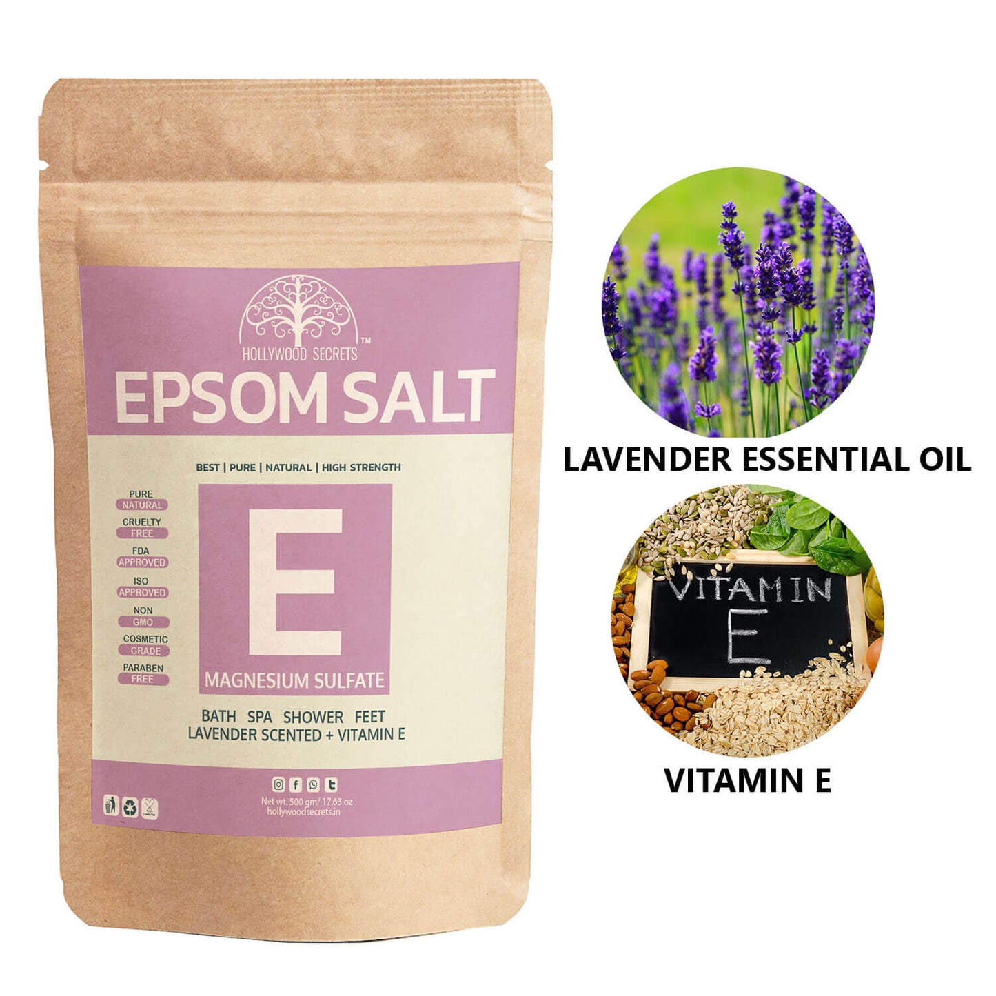 Pure Epsom Lavender Salt Bath (500Gms) Hollywood Secrets