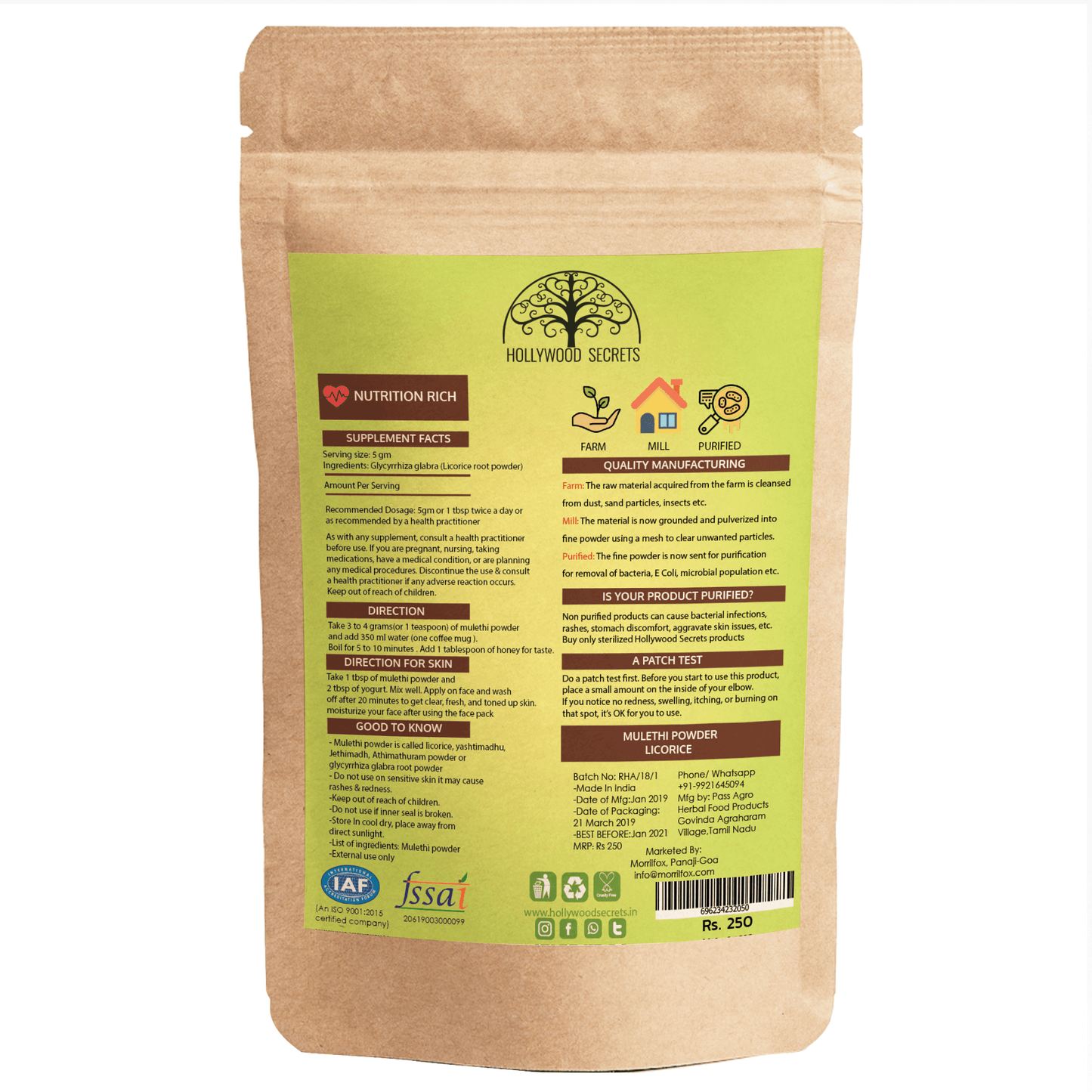 Pure Mulethi Licorice Powder (100 g) Hollywood Secrets