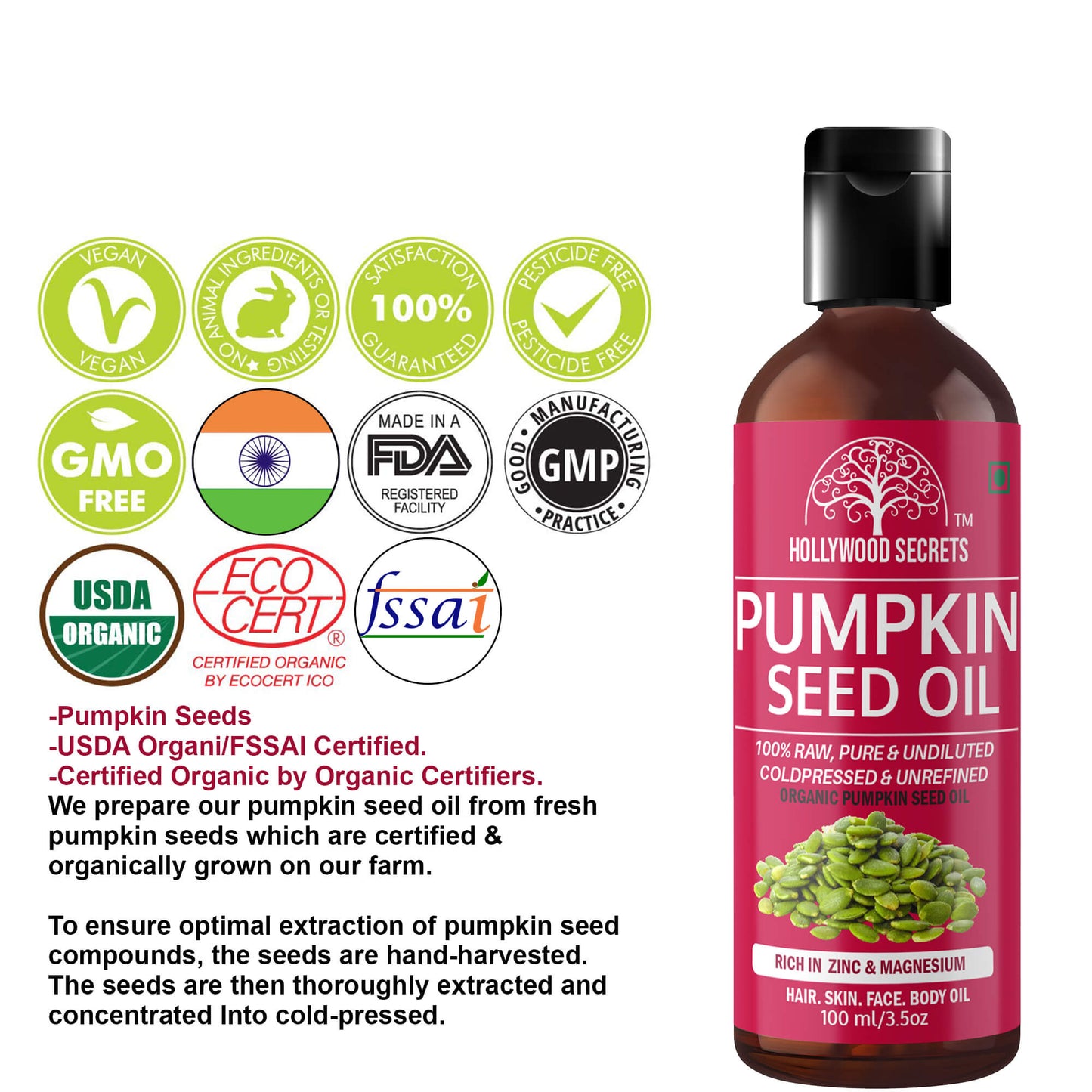 Pumpkin Seed Oil Pure Cold Pressed (Carrier Oil) 100ml Hollywood Secrets