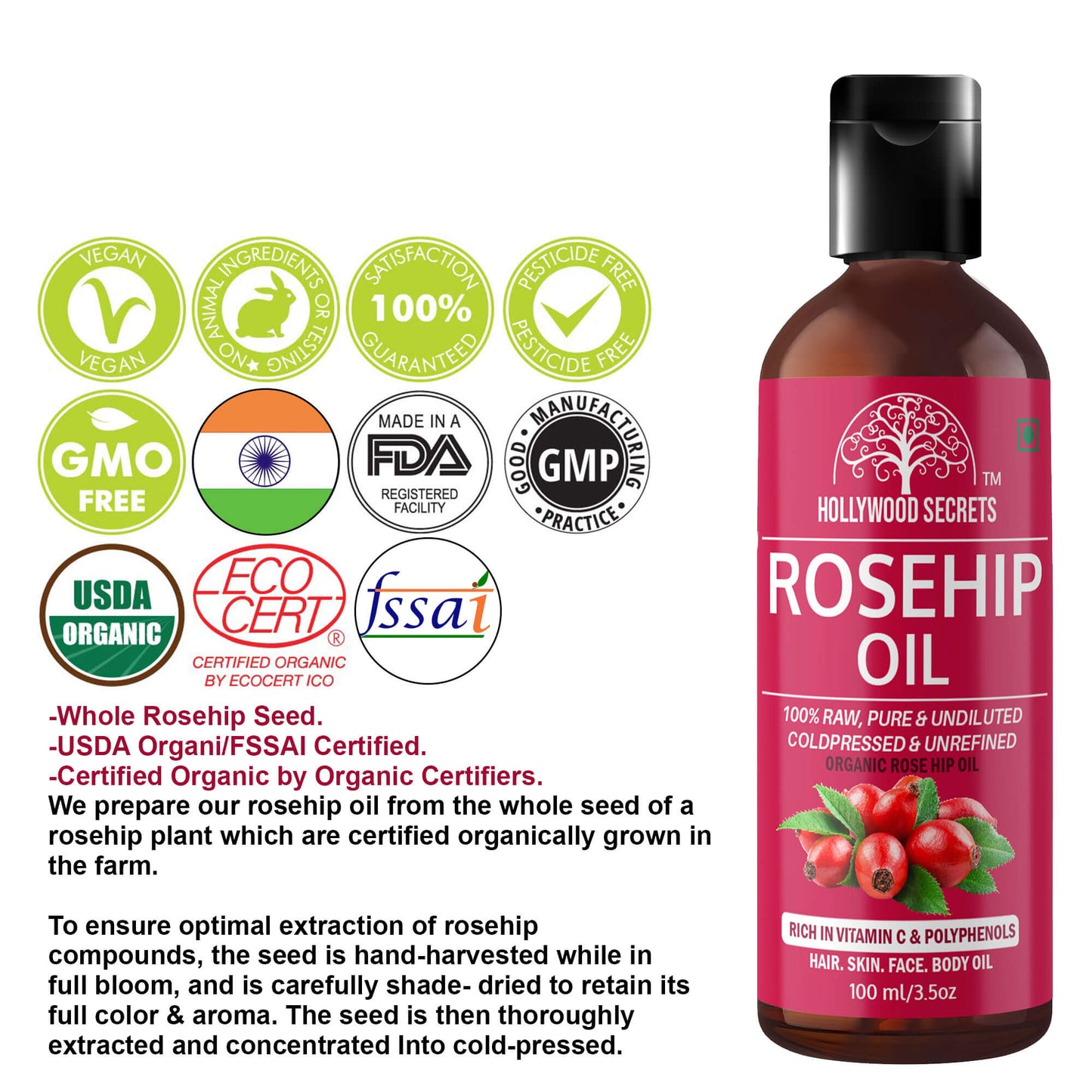 Rosehip Oil Pure Cold Pressed 100ml Hollywood Secrets