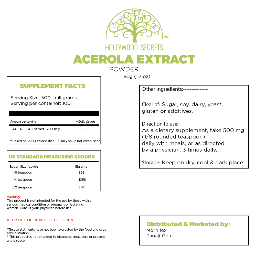 Pure Acerola Extract Powder Supplements 25% Vitamin C 50gm Hollywood Secrets