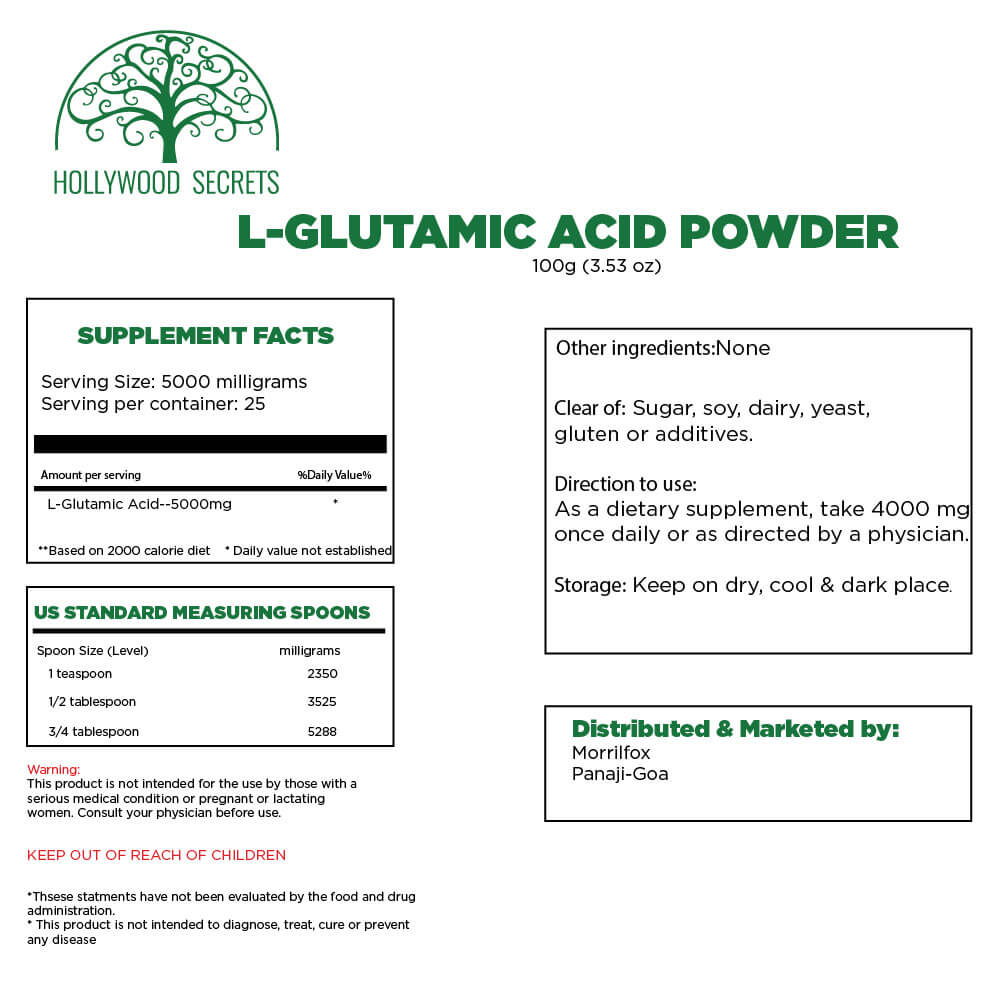 Pure L-Glutamic Amino Acid Powder 100Gms Hollywood Secrets