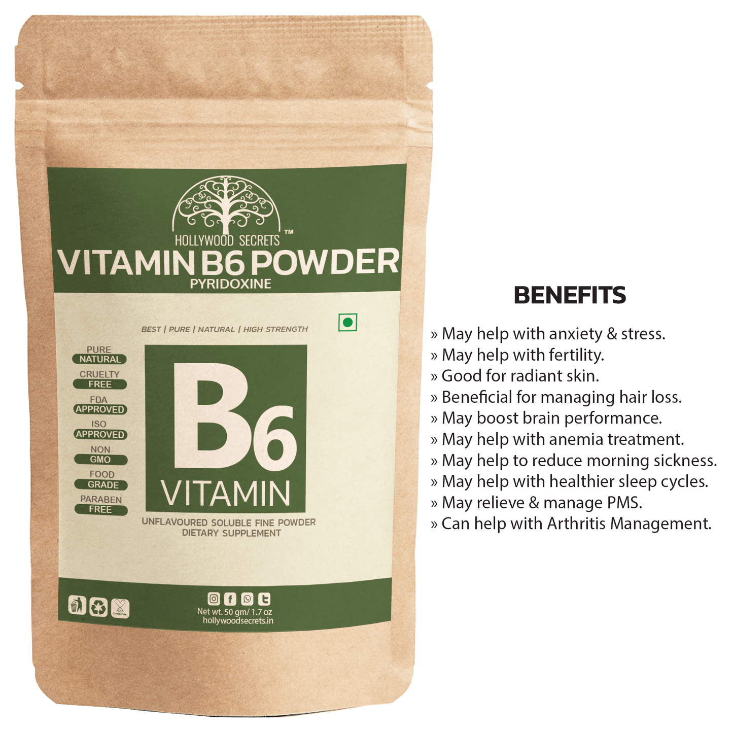 Vitamin B6 Pyridoxine Powder 50gm Hollywood Secrets
