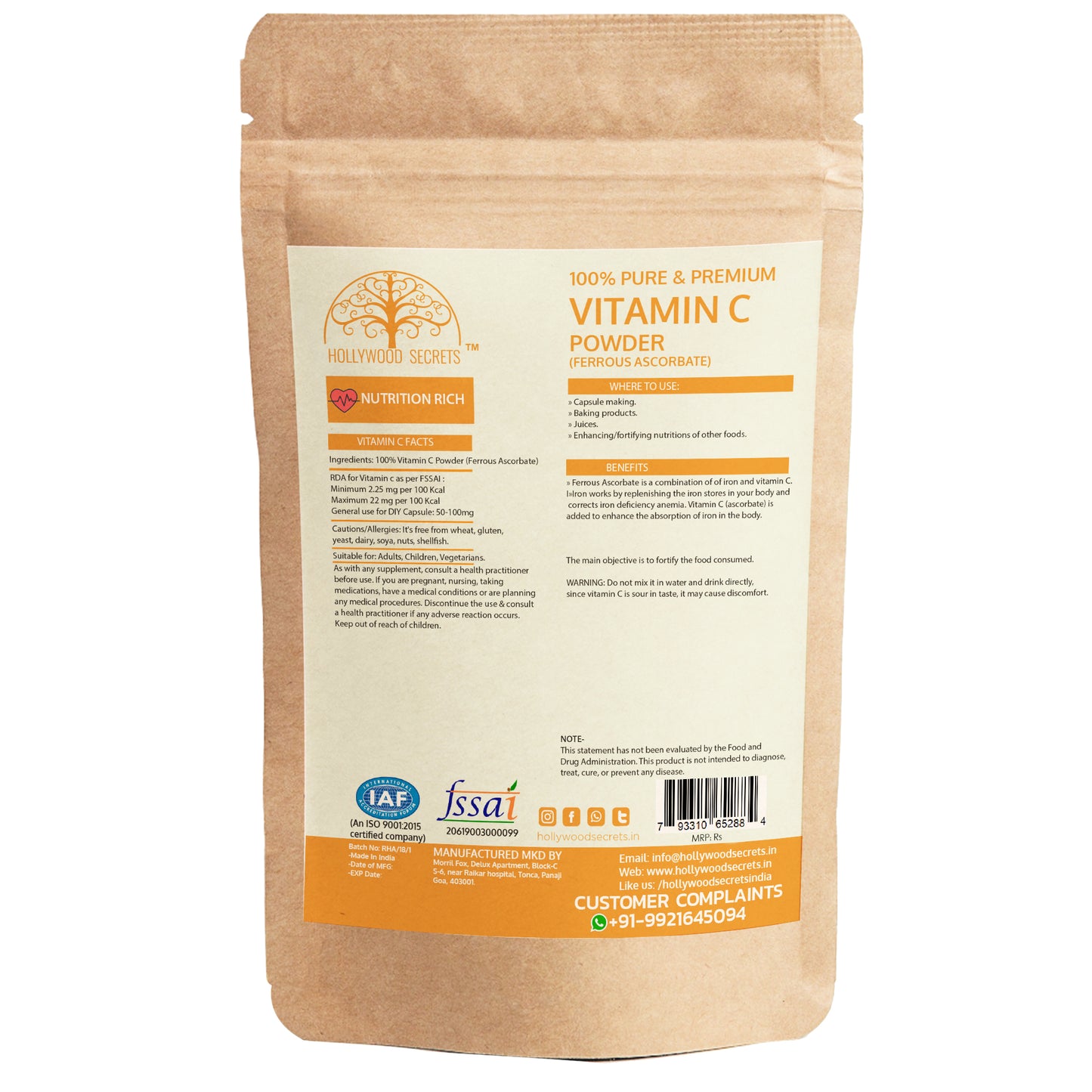 Vitamin C Ferrous Ascorbate Powder 100gm Hollywood Secrets