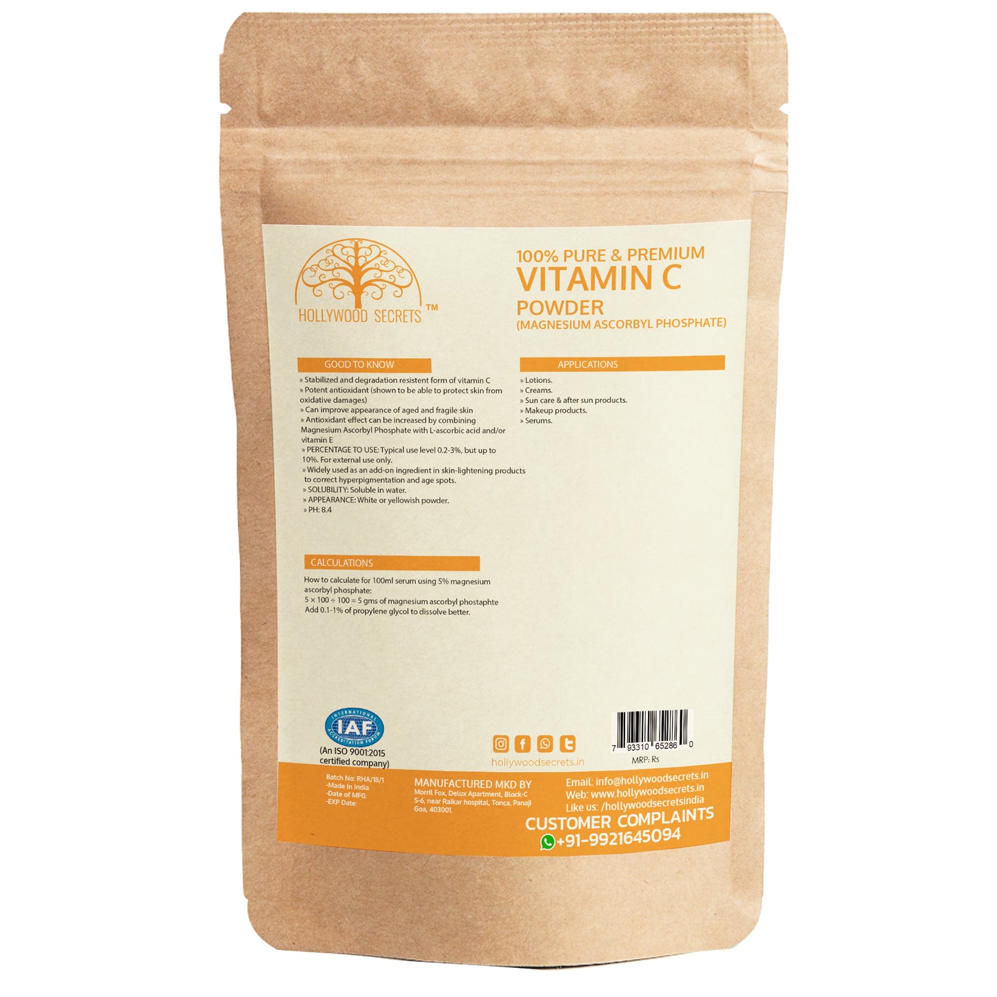 Magnesium Ascorbyl Phosphate Vitamin C Powder 50gm Hollywood Secrets