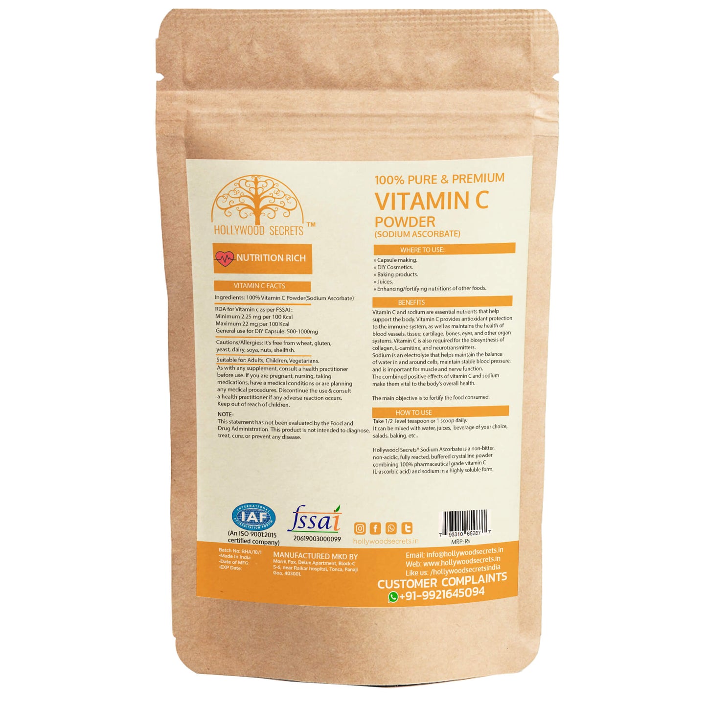 Vitamin C Sodium Ascorbate Powder 100gm Hollywood Secrets