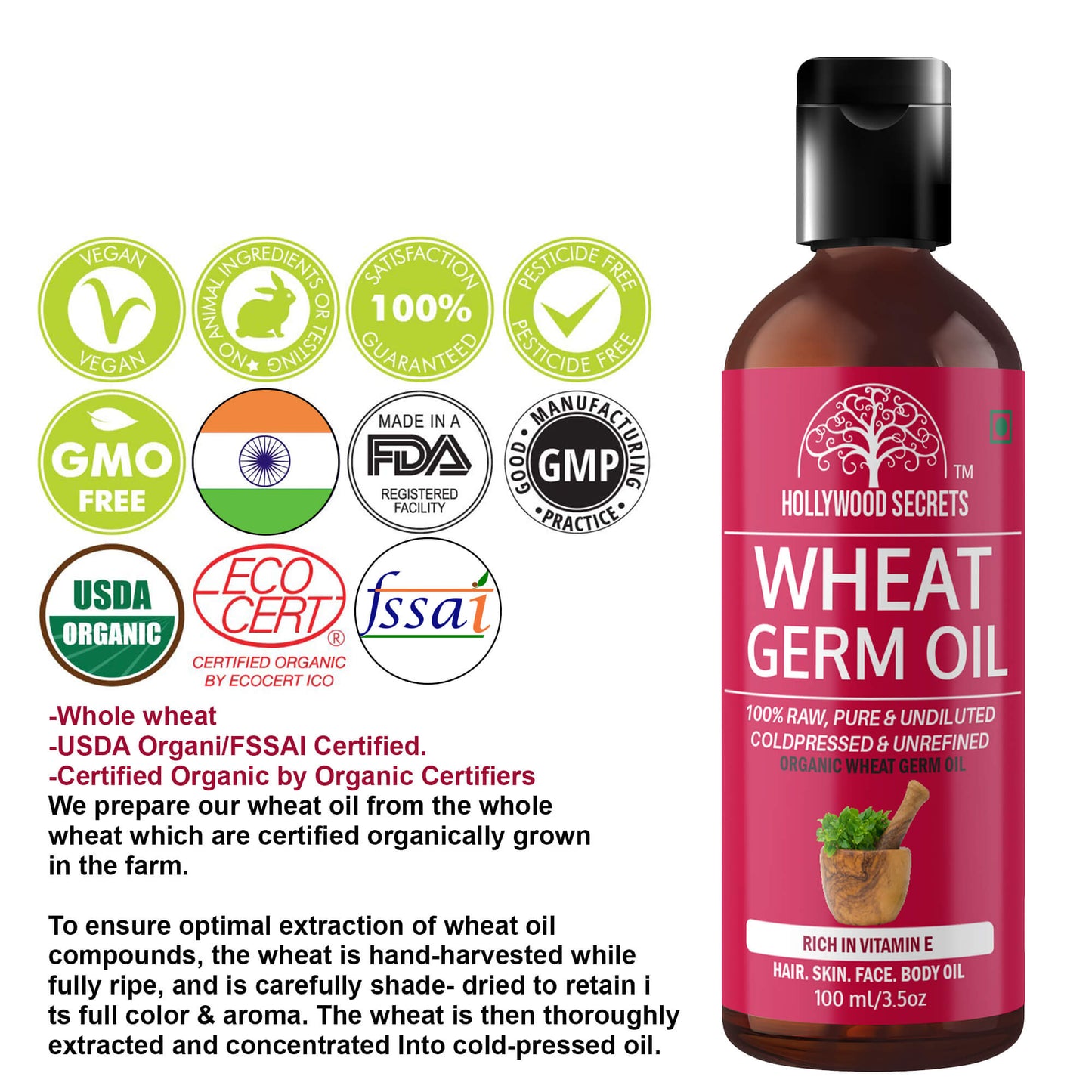 Wheat Germ Oil Pure Cold Pressed 100ml Hollywood Secrets