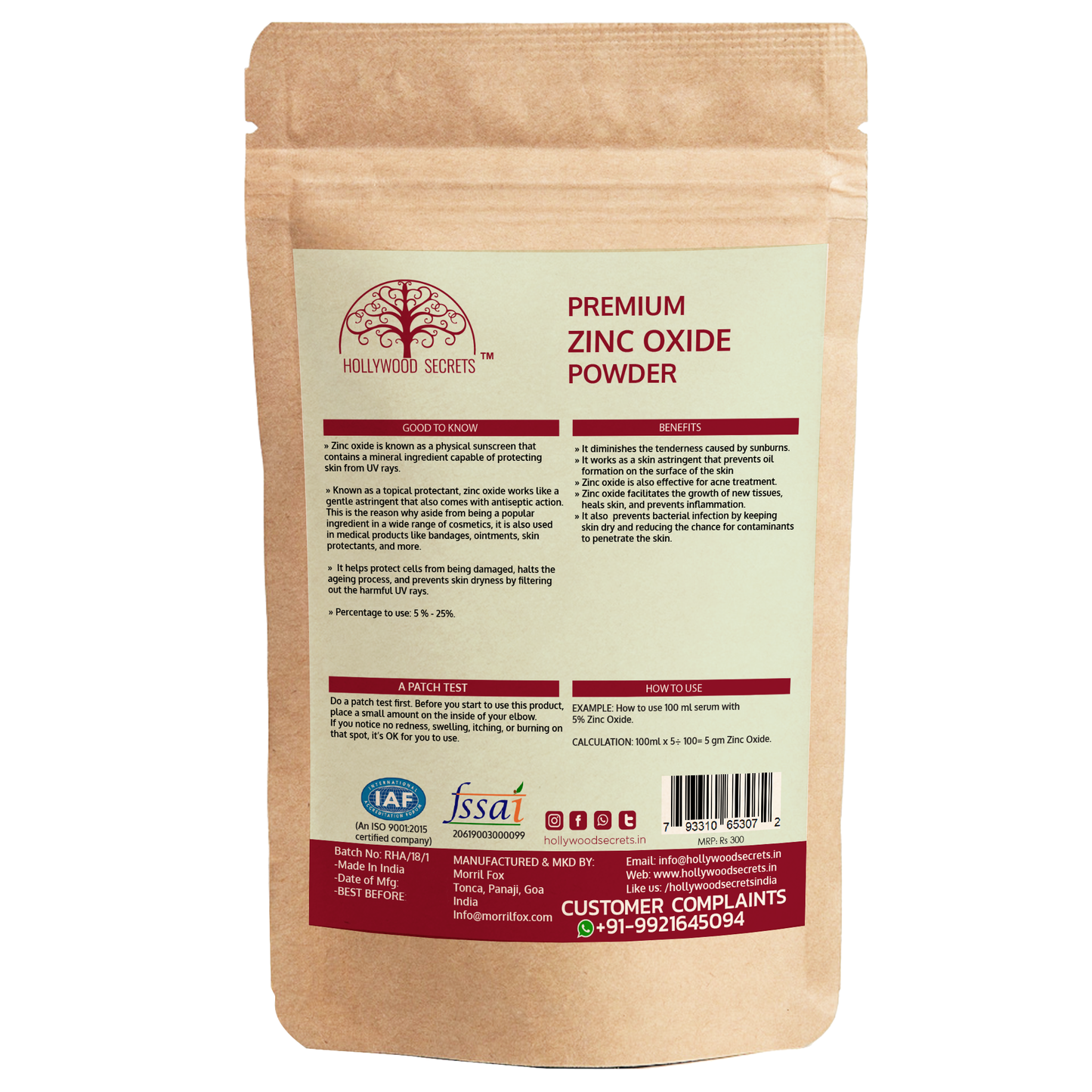 Pure Zinc Oxide Powder 100gm Hollywood Secrets
