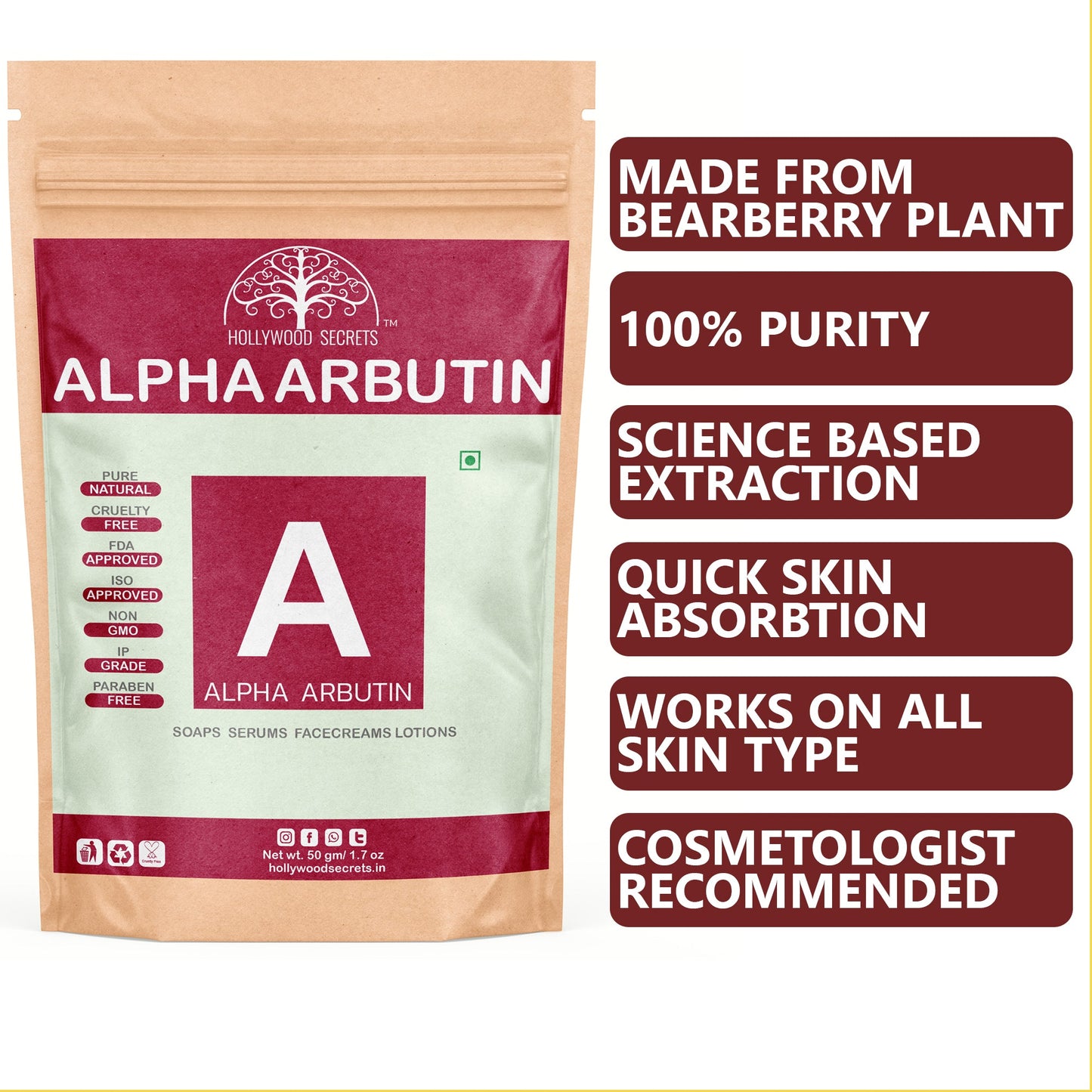 Pure Alpha Arbutin Powder 50gm Hollywood Secrets