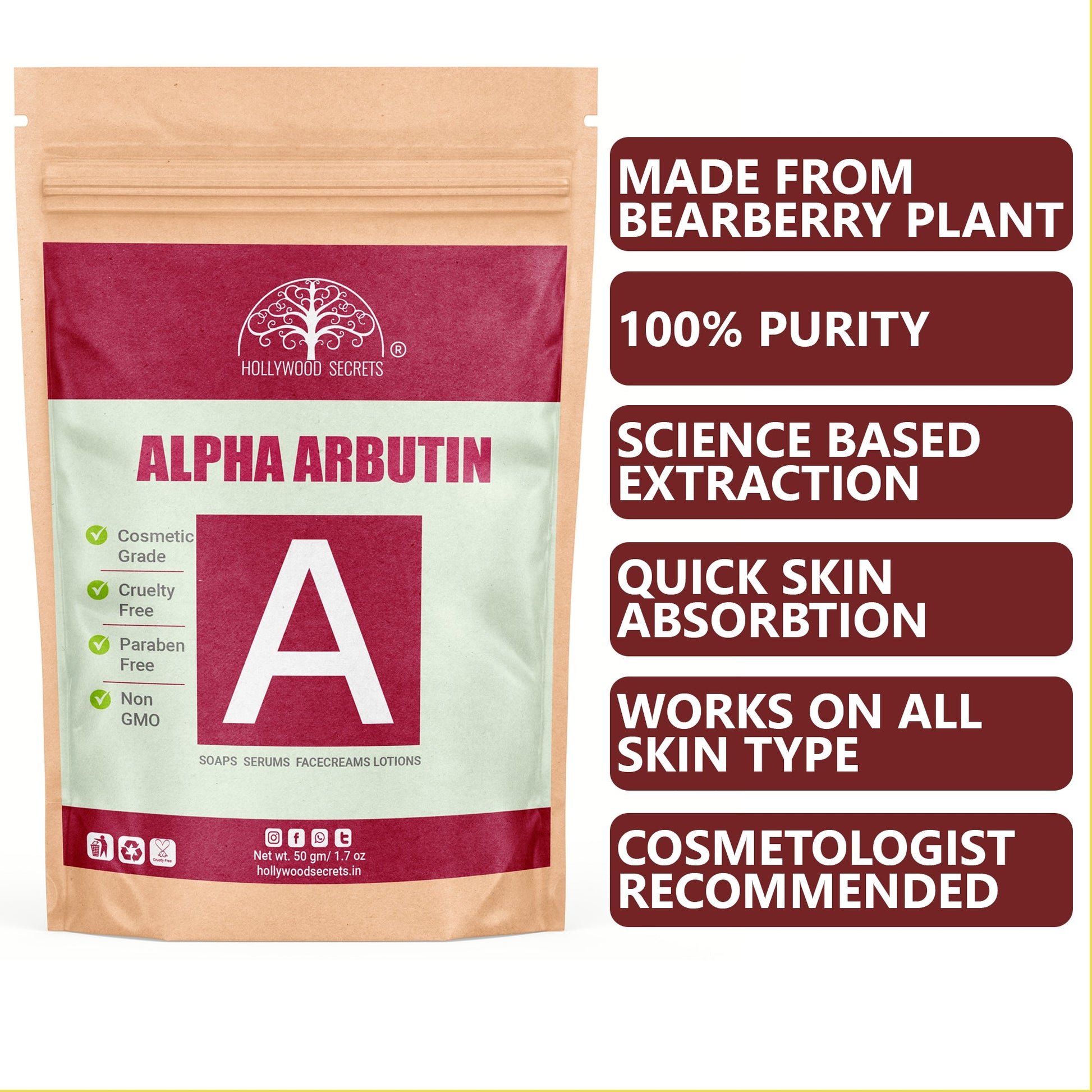 Pure Alpha Arbutin Powder 50gm Hollywood Secrets