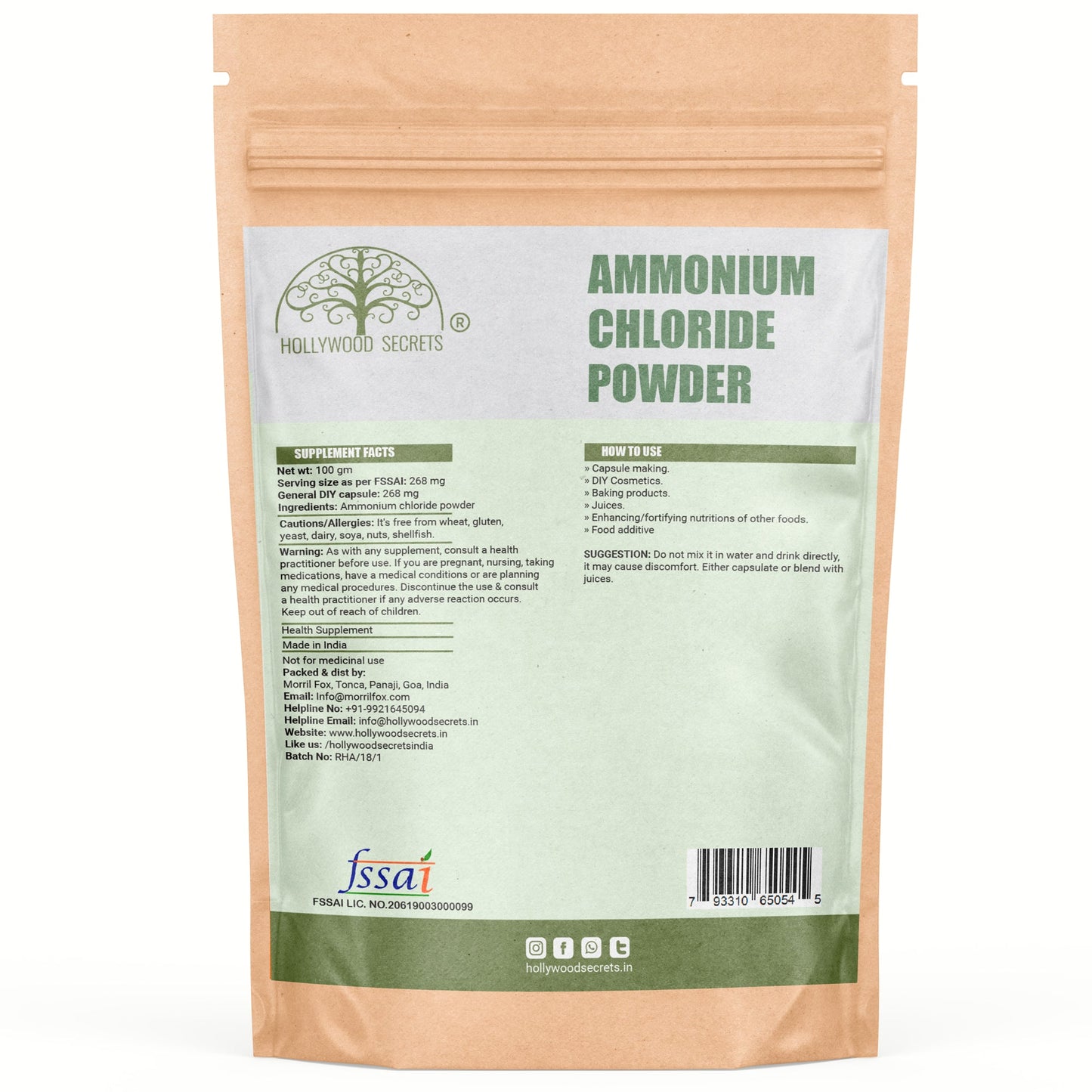 Ammonium Chloride Powder 100 gm Pharma Grade Hollywood Secrets